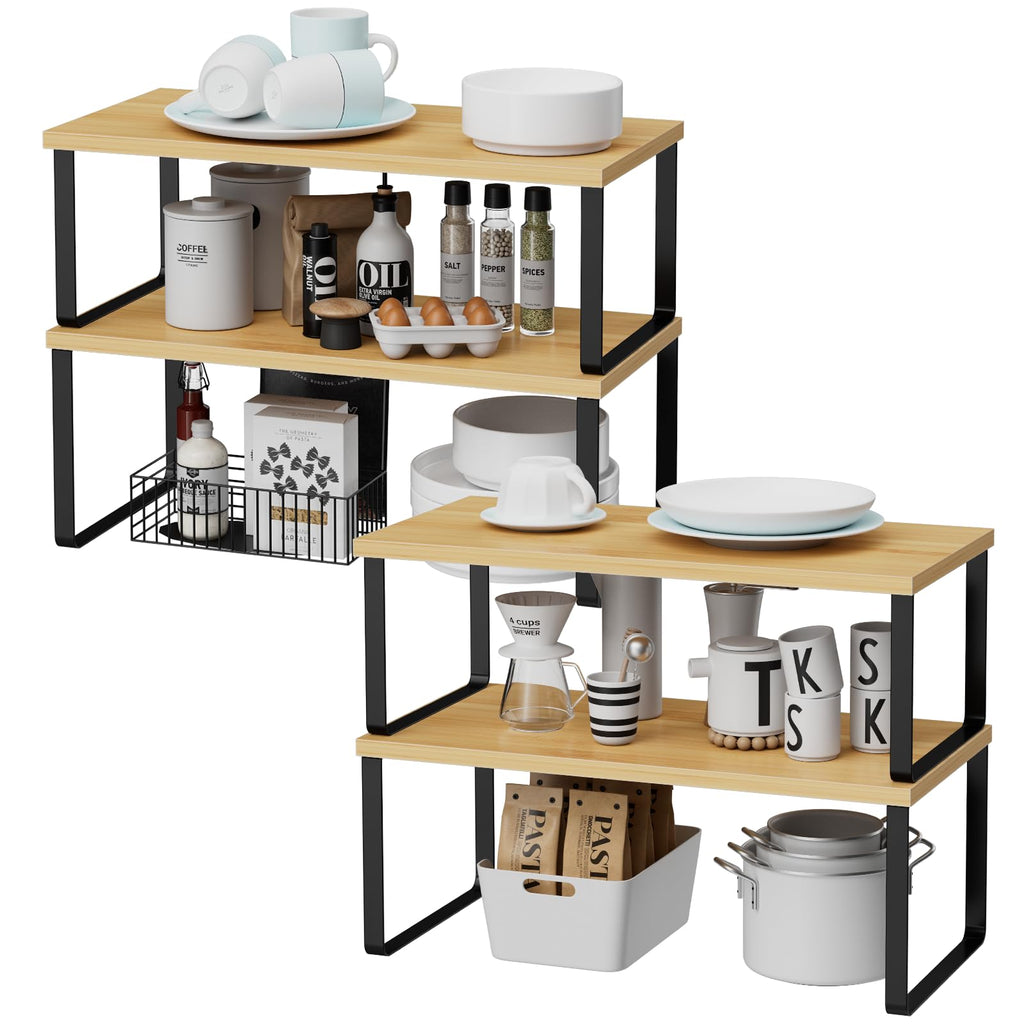 OGEMXU Cabinet Shelf Organizers, 15.7 inches Large Kitchen Counter Shelf, Set of 2 Wood Kitchen Pantry Organizer, Storage Shelves for Countertop, Spice Rack, Stackable, Expandable, Metal Black, Brown