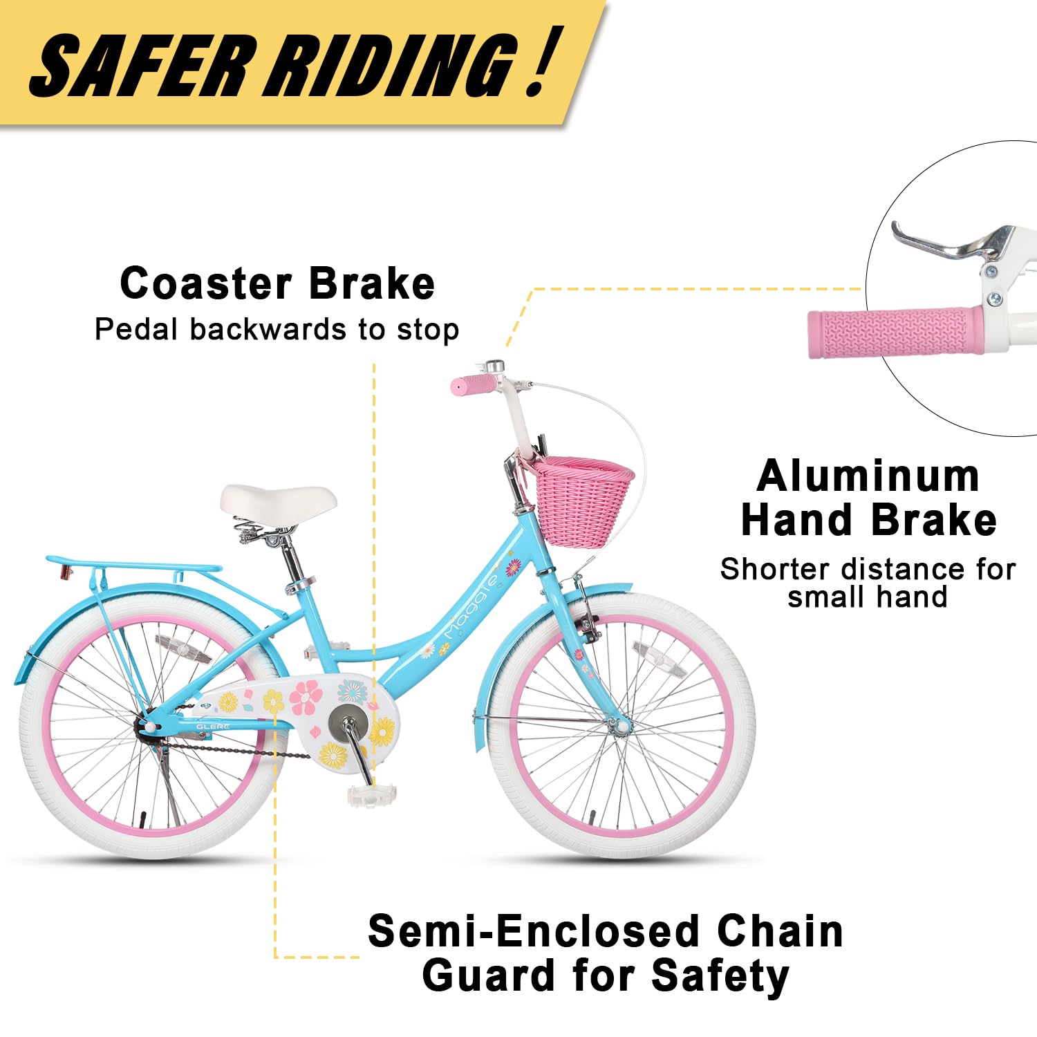 Glerc Maggie Girls Bike, 12-20 Inch Kids Bike for 2-13 Years Old Children, Princess Style Kids Bicycle with Doll-Seat & Basket & Training Wheels, Multiple Colors