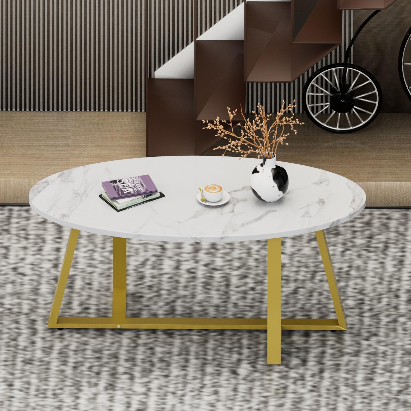 Wolawu Coffee Table Gold Oval Glass Coffee Tables for Living Room,Modern Gold Metal Frame Tea Tables for Small Space, Tempered Glass Top Center Table with Stable Cross Base for Bedroom, Office,Balcony