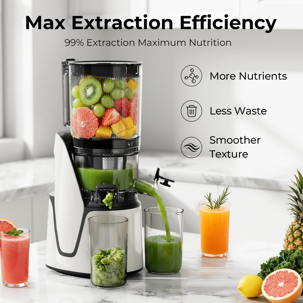 EanOruus Juicer Machines, 3-in-1 Cold Press Juicer with 6.5" Extra Large Chute, 100oz Large Capacity, AC Motor, Makes Juice, Nut Milk & Sorbet, Bright White