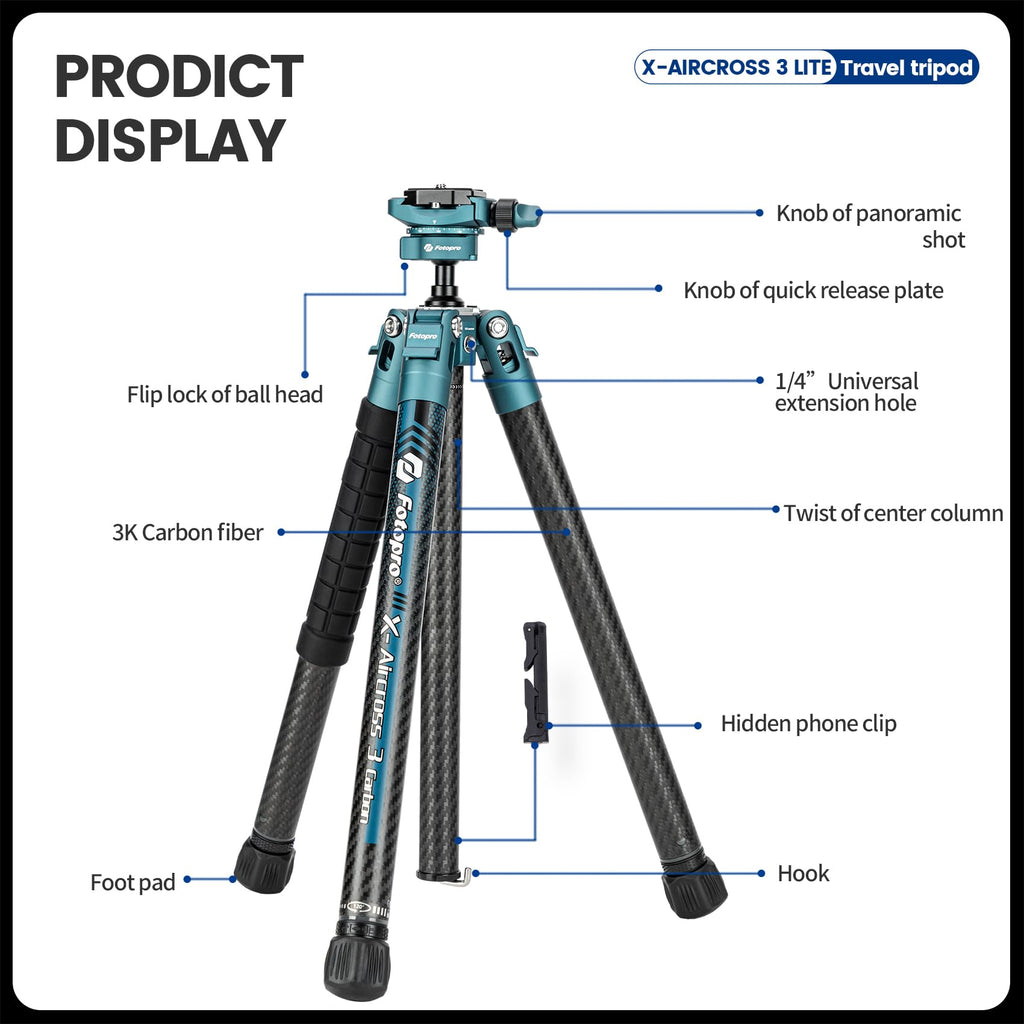 Fotopro 60" Camera Tripod, Carbon Fiber Travel Tripod with 360° Ball Head, Ultralight 2.1lbs, 22lbs Load, Quick Lock, Folds to 14.3" Carry-On, for DSLR Mirrorless Cameras, X-Aircross 3 Blue
