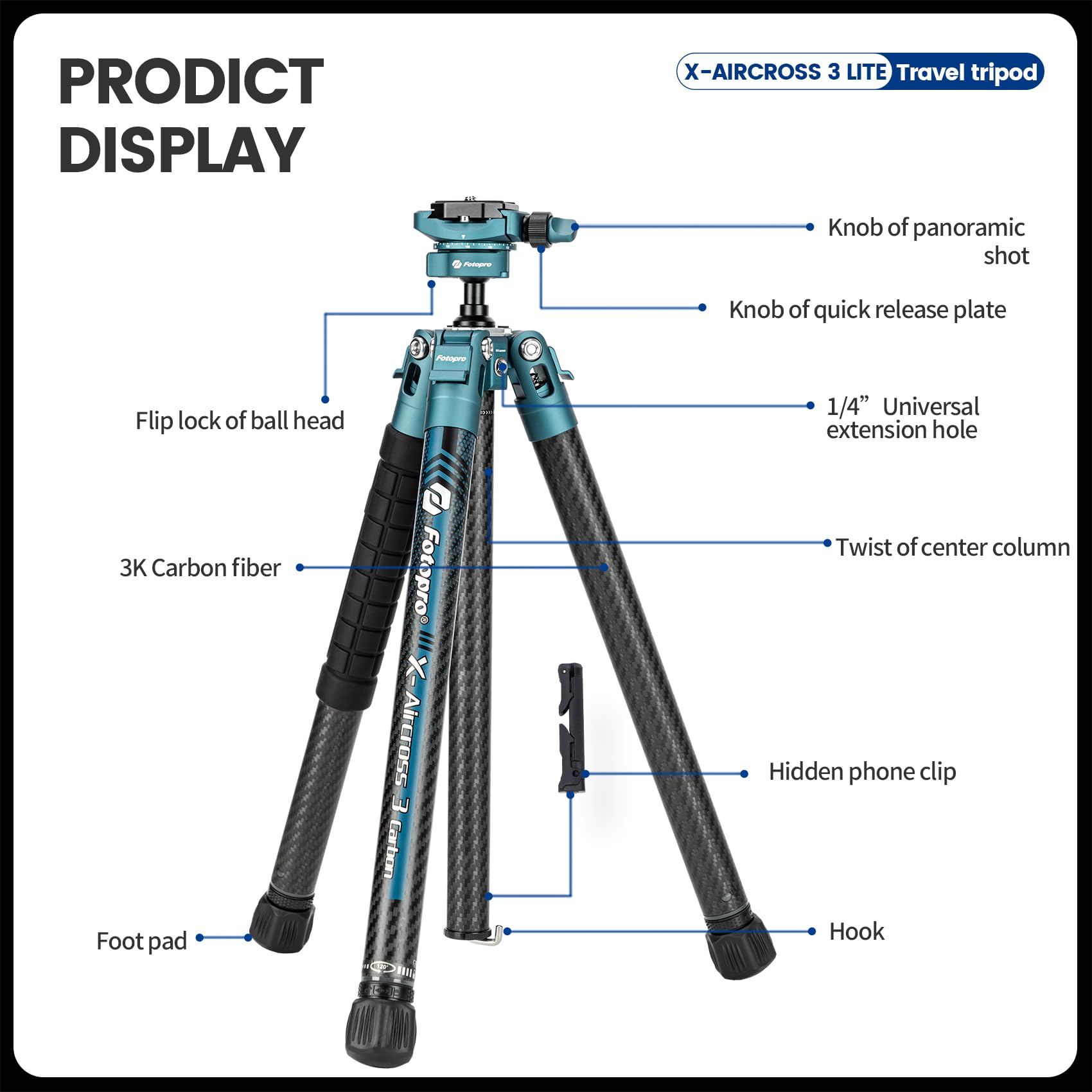 Fotopro 60" Camera Tripod, Carbon Fiber Travel Tripod with 360° Ball Head, Ultralight 2.1lbs, 22lbs Load, Quick Lock, Folds to 14.3" Carry-On, for DSLR Mirrorless Cameras, X-Aircross 3 Blue