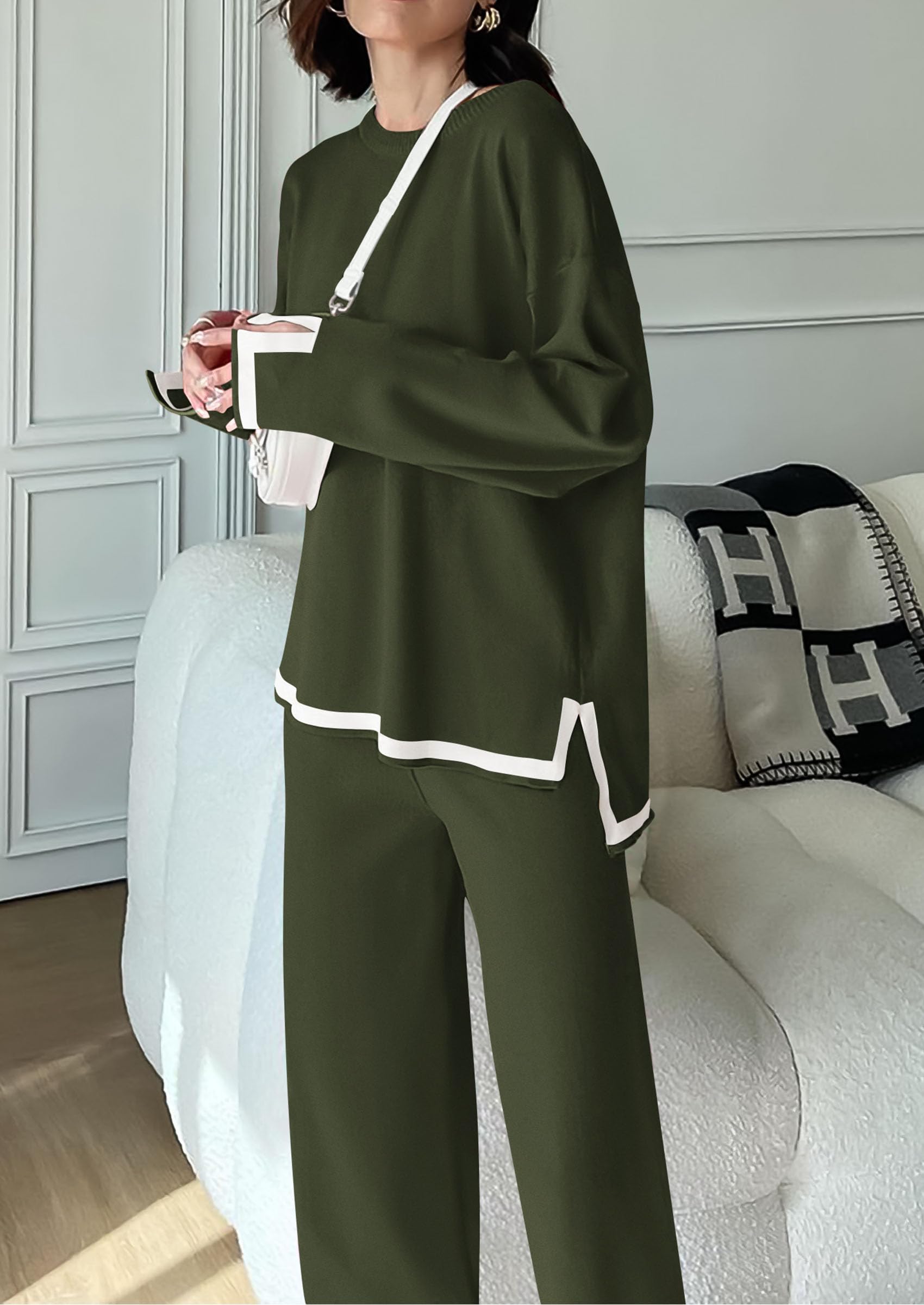 PRETTYGARDEN Women's 2 Piece Knit Sweater Set Travel Outfits | Long Sleeve Tops, Wide Leg Pants, Soft Matching Sweat Track Suits, Casual Fall Winter Clothes for Brunch, Going Out & Cruise