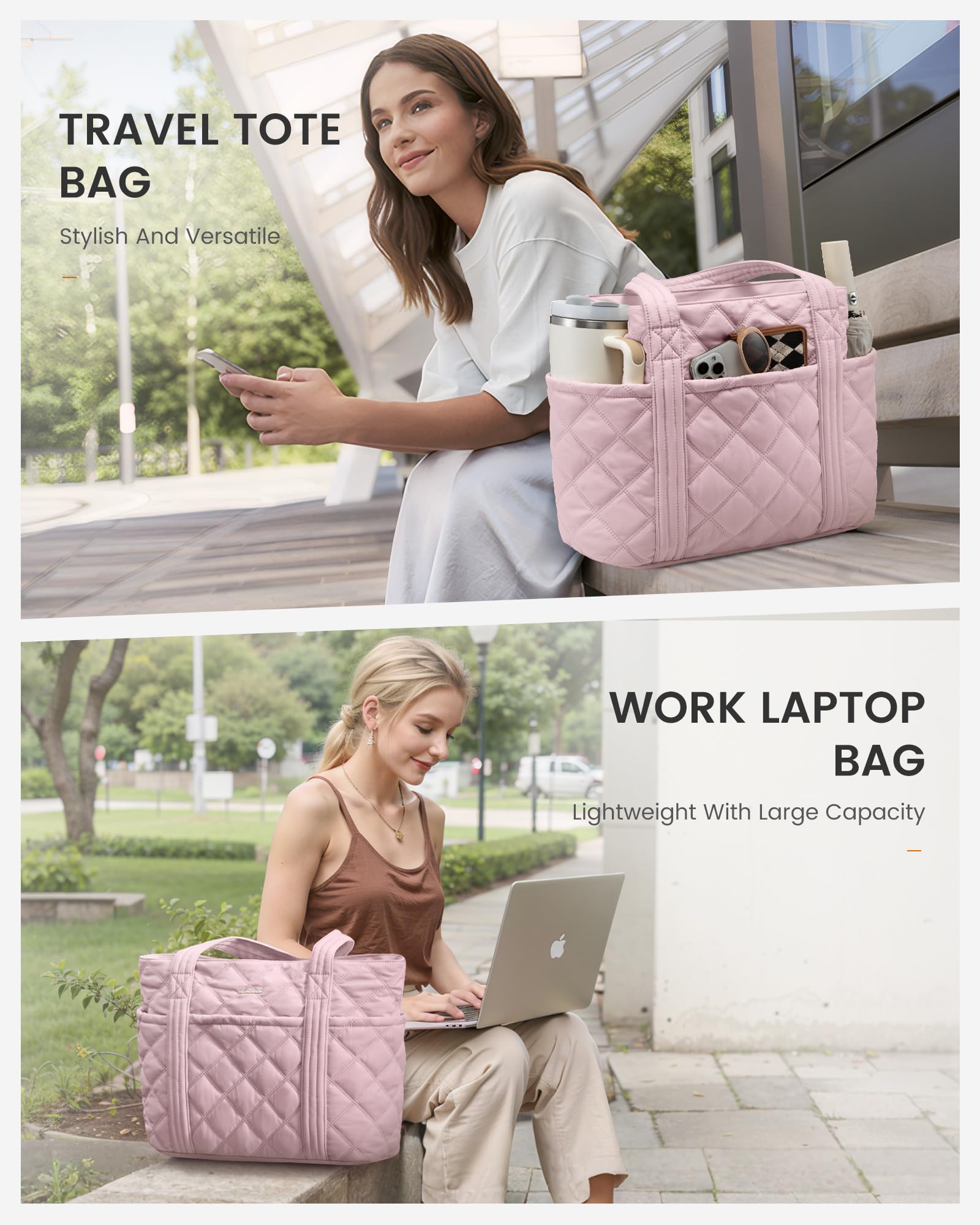 LOVEVOOK Puffer Tote Bag for Women, Puffy Work Handbag with Cup Holder, Travel Carry On Bag with Zipper for Teacher Nurse Gym