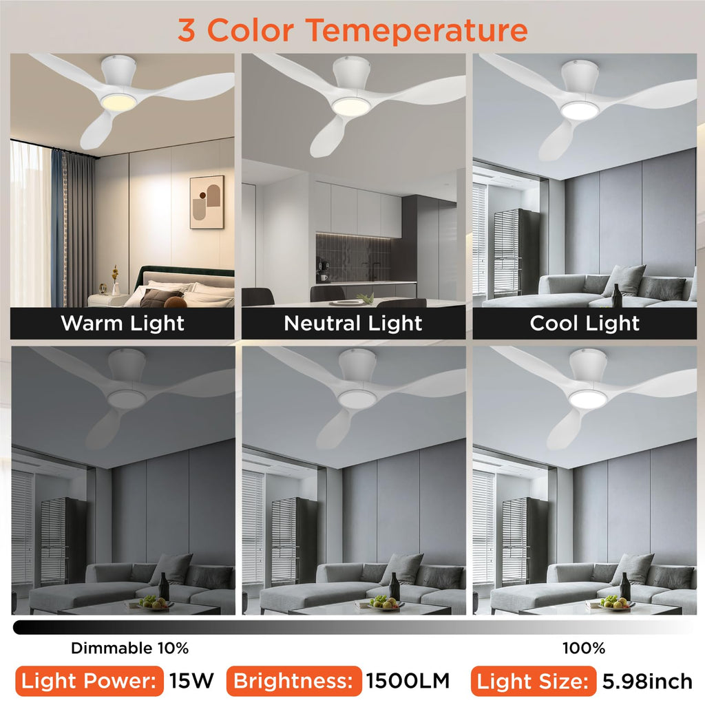 TALOYA Ceiling Fans with Lights,42 inch Modern Low Profile Ceiling Fan with Light and Remote Control, Flush Mount, 3CCT, White Ceiling Fan for Bedroom Living Room and Patio