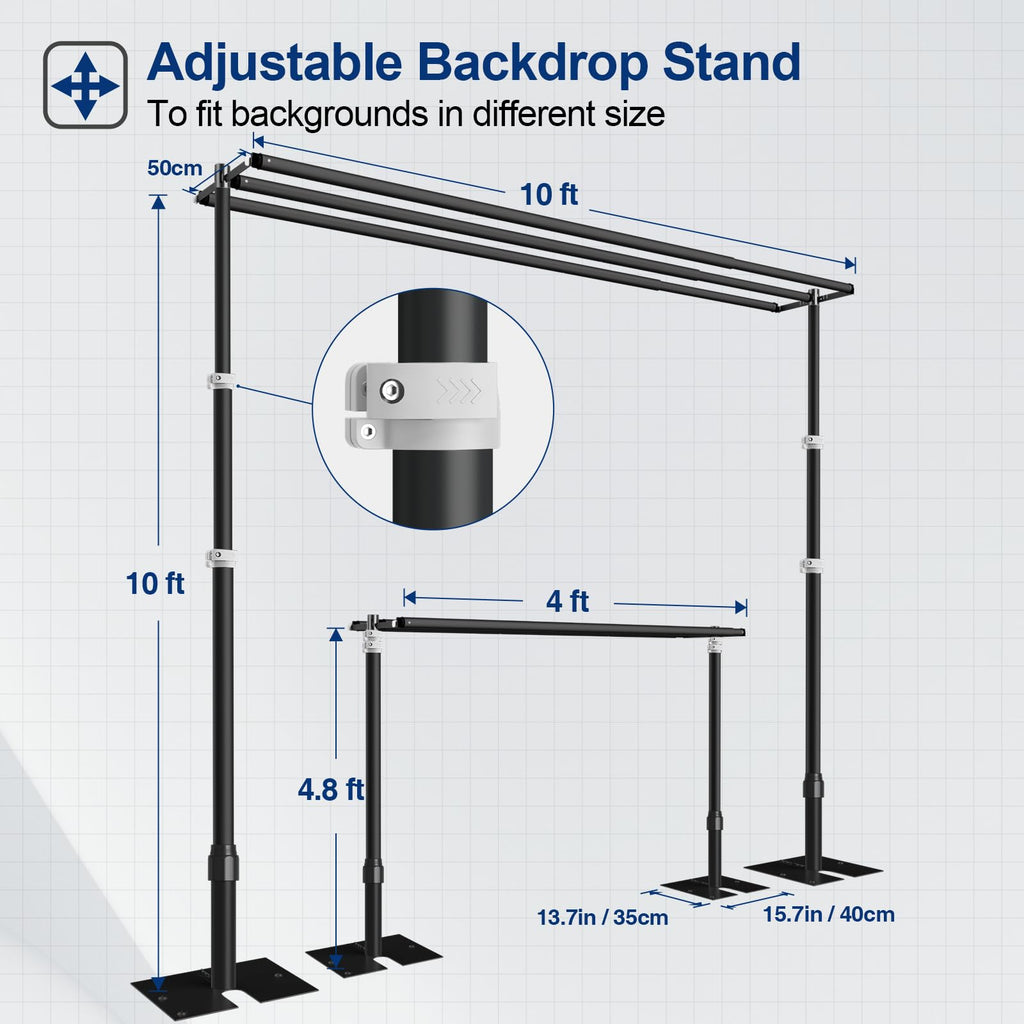 EMART Backdrop Stand Heavy Duty 8.9x10Ft,Three Crossbar Pipe and Drape Photo Background Support Kit, Adjustable Metal Frame with Flat Base for Wedding Birthday Party Decorations-Black