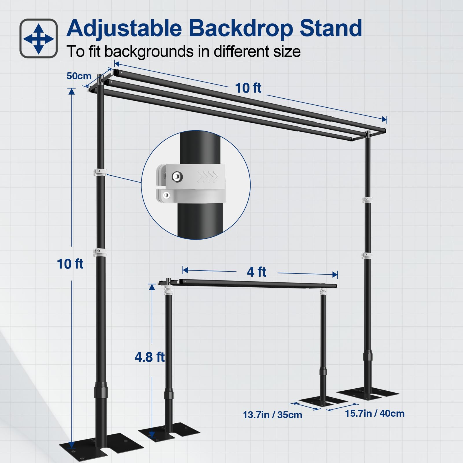 EMART Backdrop Stand Heavy Duty 8.9x10Ft,Three Crossbar Pipe and Drape Photo Background Support Kit, Adjustable Metal Frame with Flat Base for Wedding Birthday Party Decorations-Black