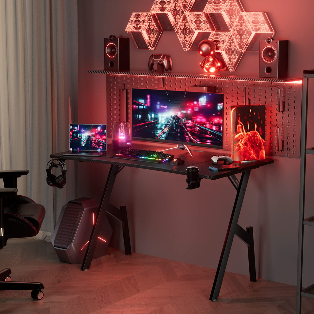 HLDIRECT 40 Inch Gaming Desk, Small Computer Gaming Desk Table with Cable Management, Ergonomic A Shape Modern Carbon Fiber Gamer Table Pc Workstation Home Office Desks for Small Space, Black