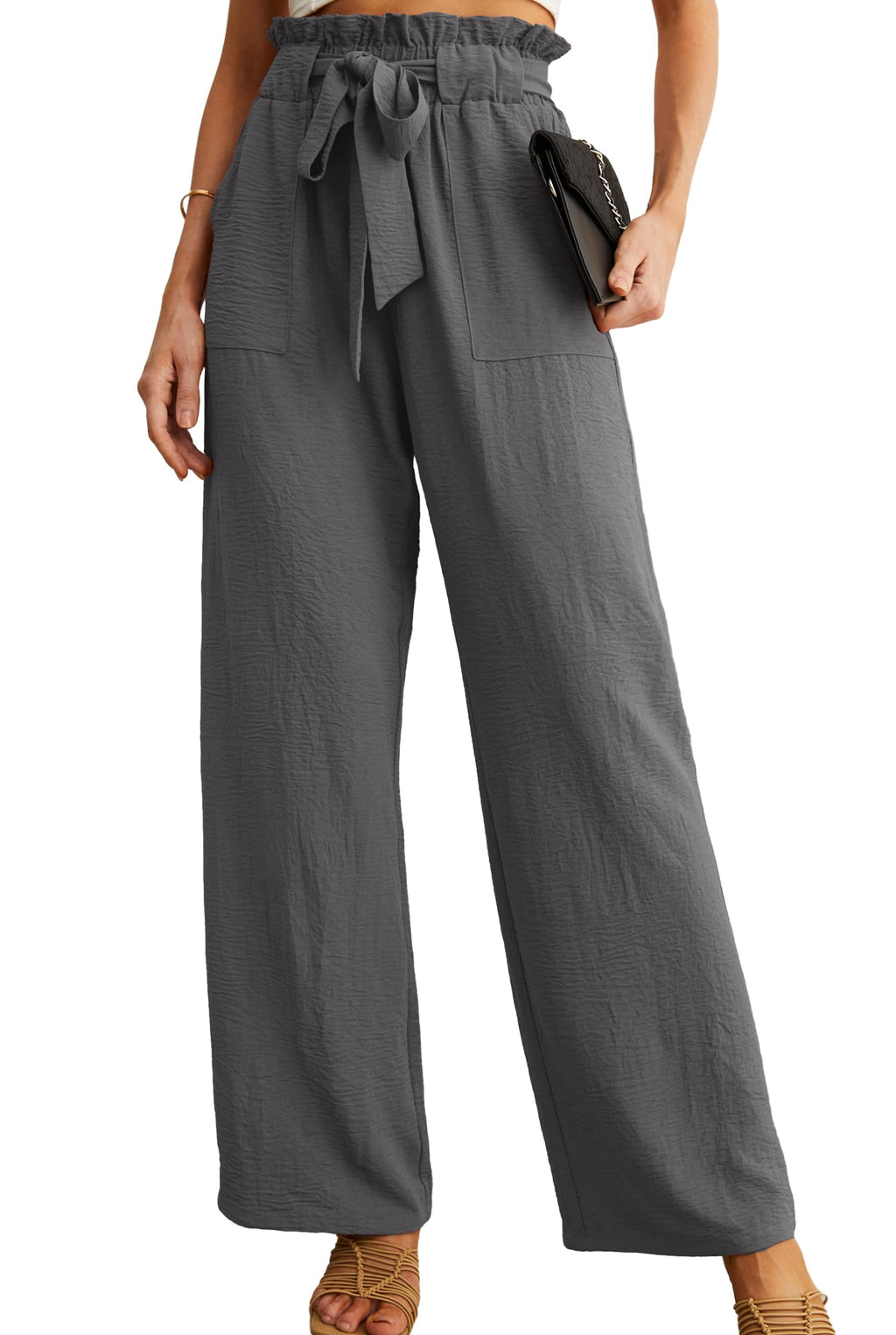 IWOLLENCE Women High Waist Palazzo Pants, Adjustable Knot Ankle Wide Leg Trousers Pockets Beach Vacation Lounge Office
