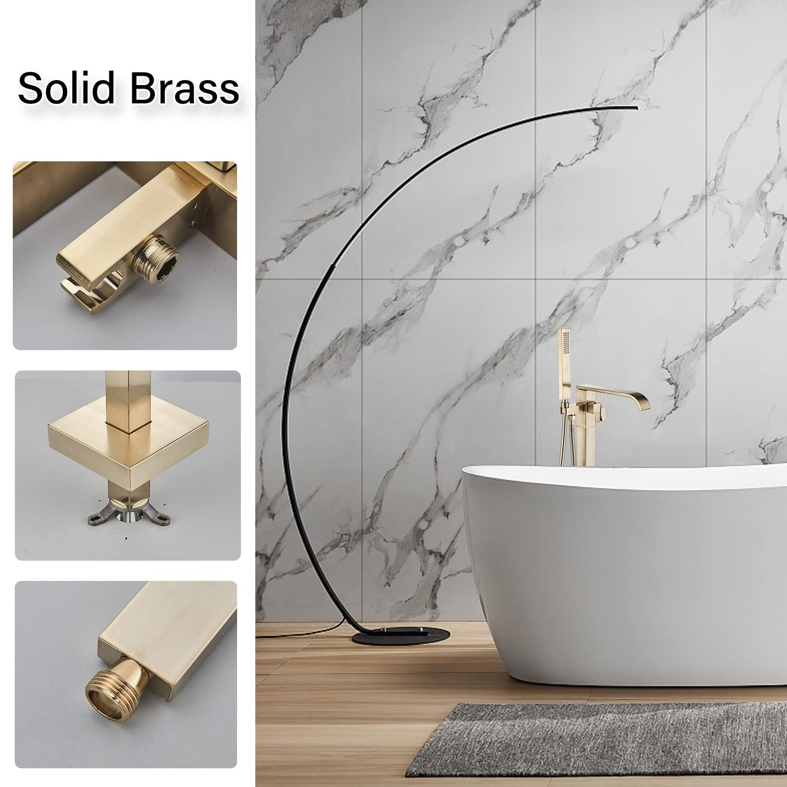 Brushed Gold Freestanding Bathtub Faucet with Hand Shower Tub Filler Faucet Floor Mounted High Flow Single Handle Bath Filler Solid Brass