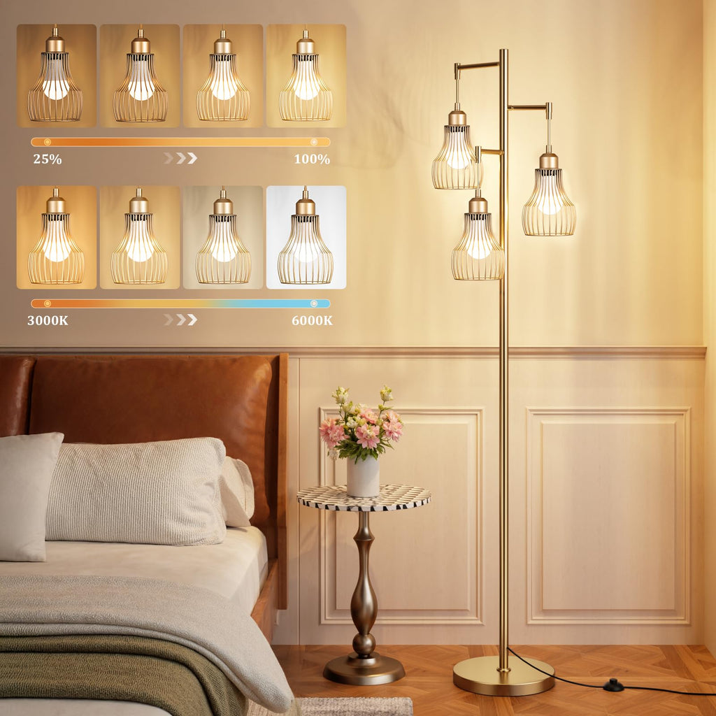 Ziisee Dimmable Floor Lamps for Living Room, Industrial Tree Standing Tall Lamps with 3 Elegant Cage Shade & 800 Lumens LED Bulbs for Bedroom Office - Brown