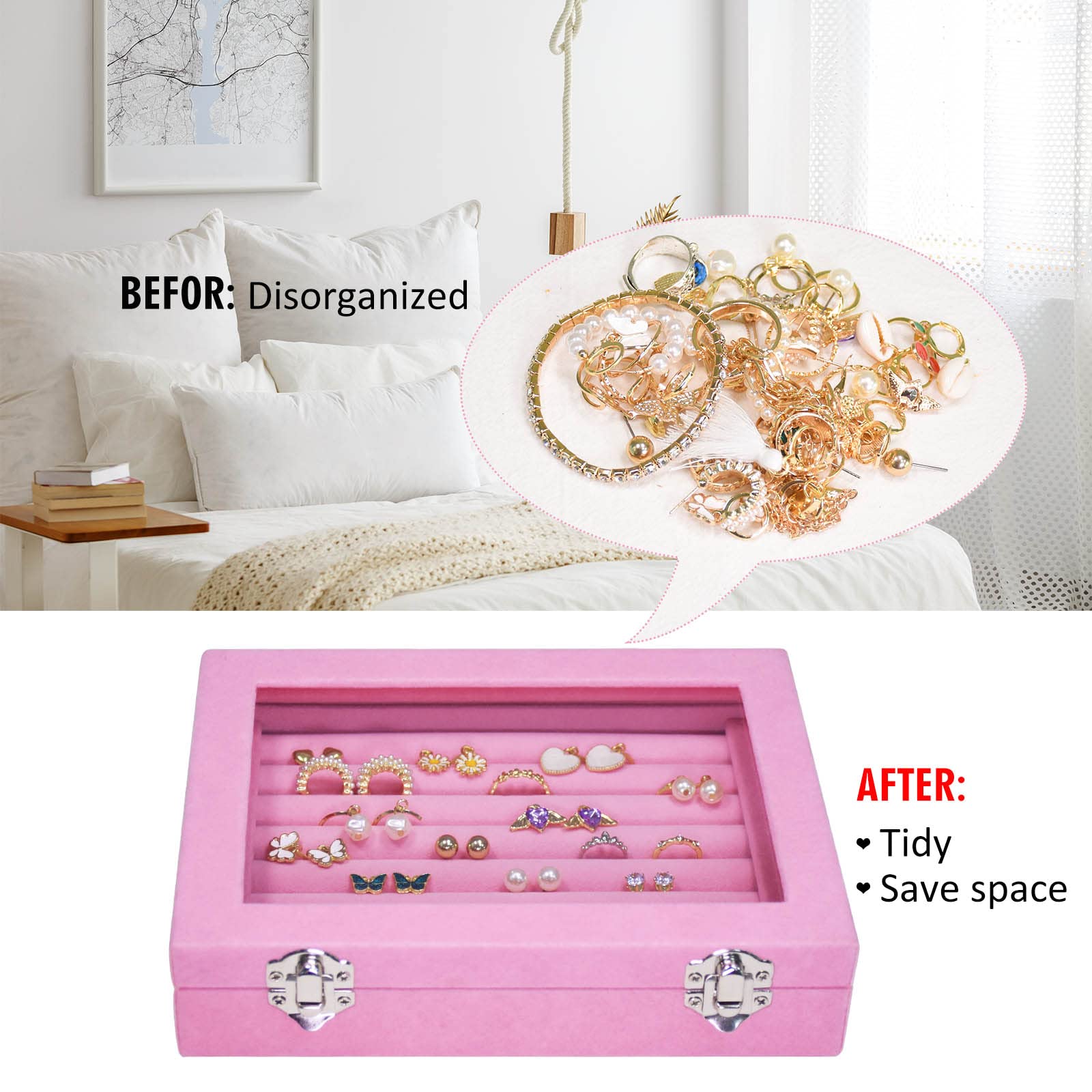Vicoter Rings Organizer Tray 7 Slots Velvet Jewelry Earring Storage Box with Transparent lid Jewelry Display Case for Girls Wife Mom Women (Beige)
