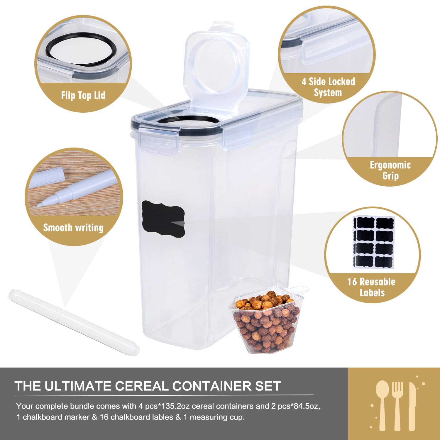 FOOYOO Cereal Containers Storage Set - 3 Piece Airtight Large Dry Cereal Container (135.2oz), BPA Free Dispenser Plastic Cereal Storage Containers with 16 Labels & Pen