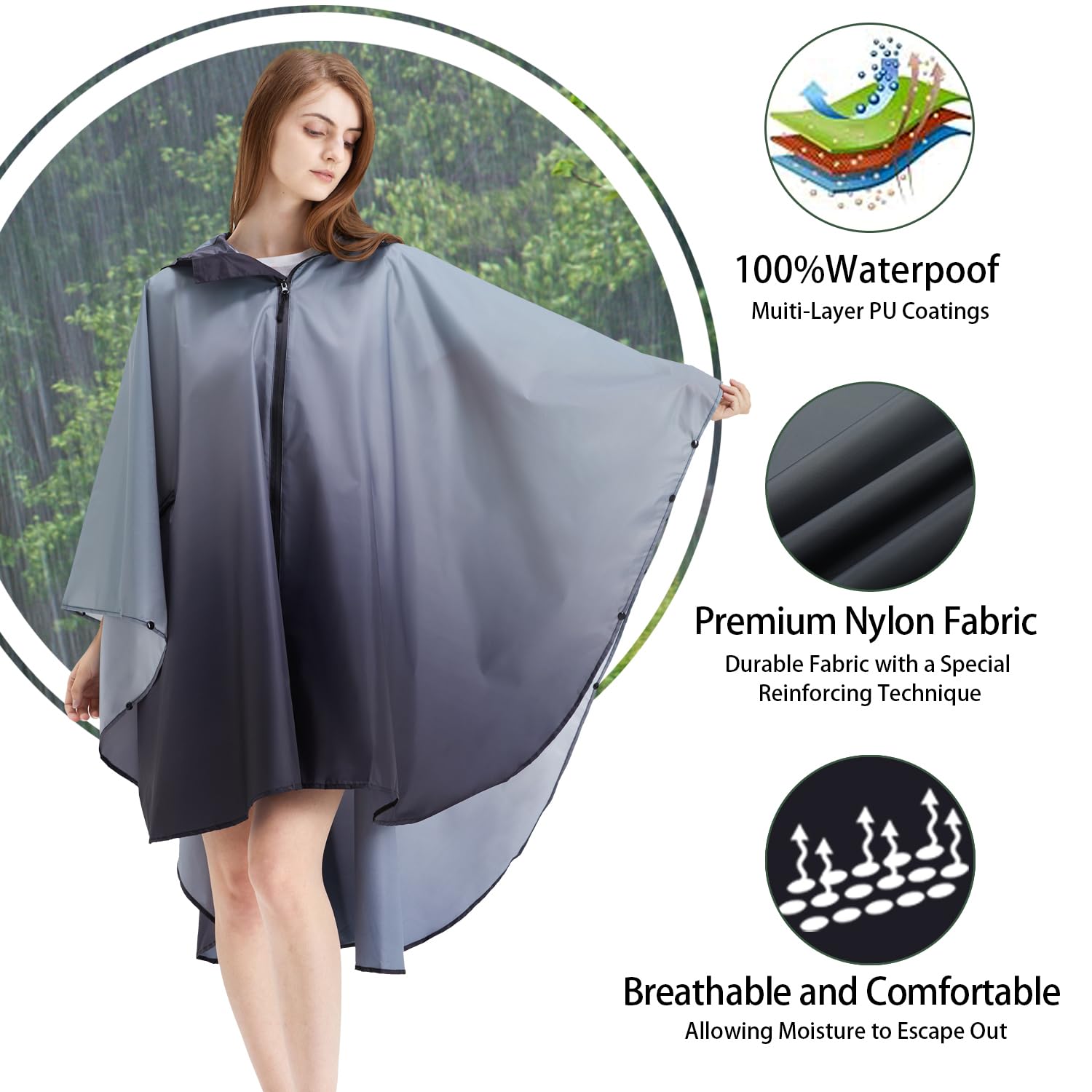 Rain Poncho Jacket Coat Hooded Zipper Style for Women/Men/Adult with Pocket