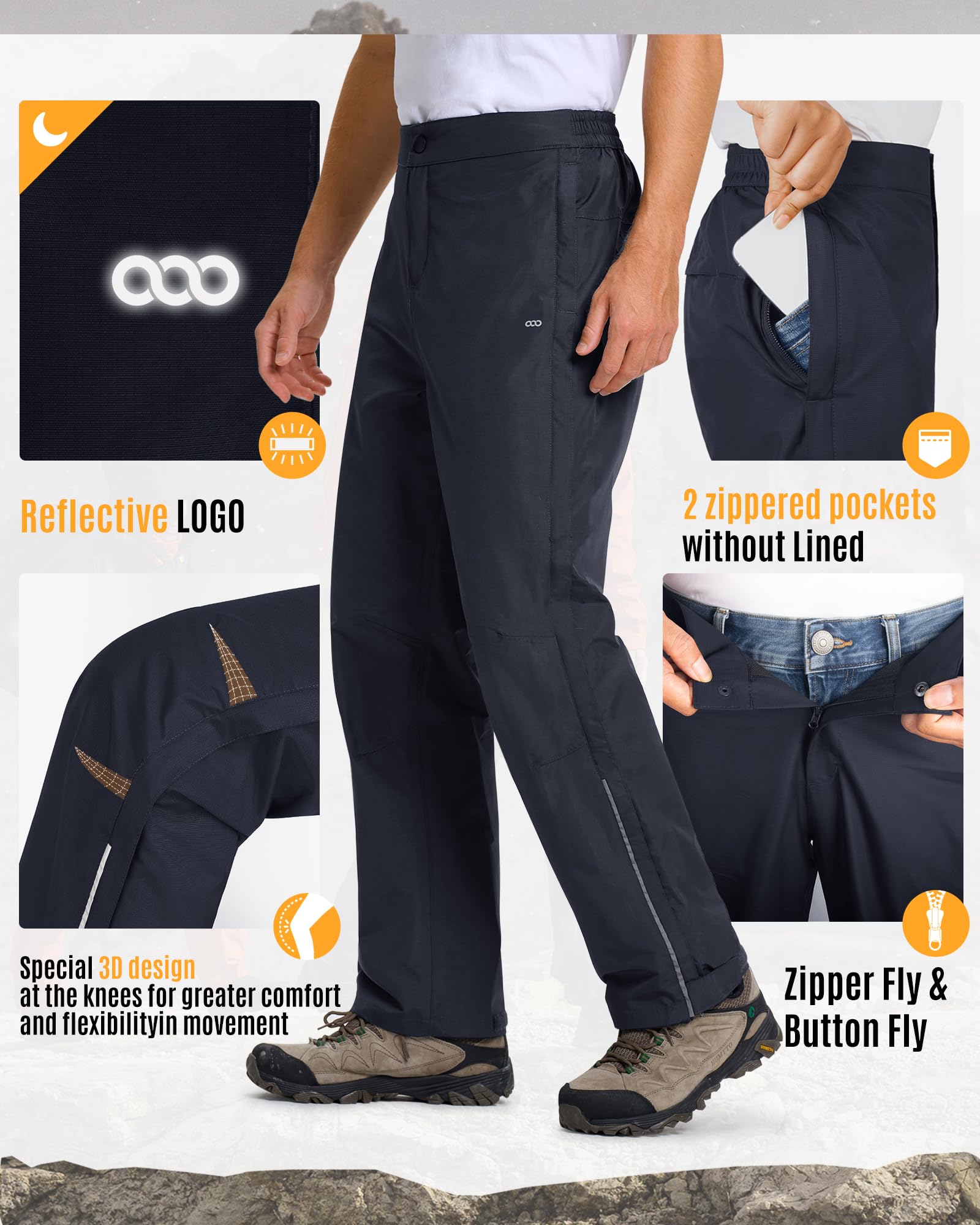 33,000ft Men's Rain Pants Full Zip Waterproof Pants Breathable Rain Over Trousers for Outdoor Hiking Golf Work