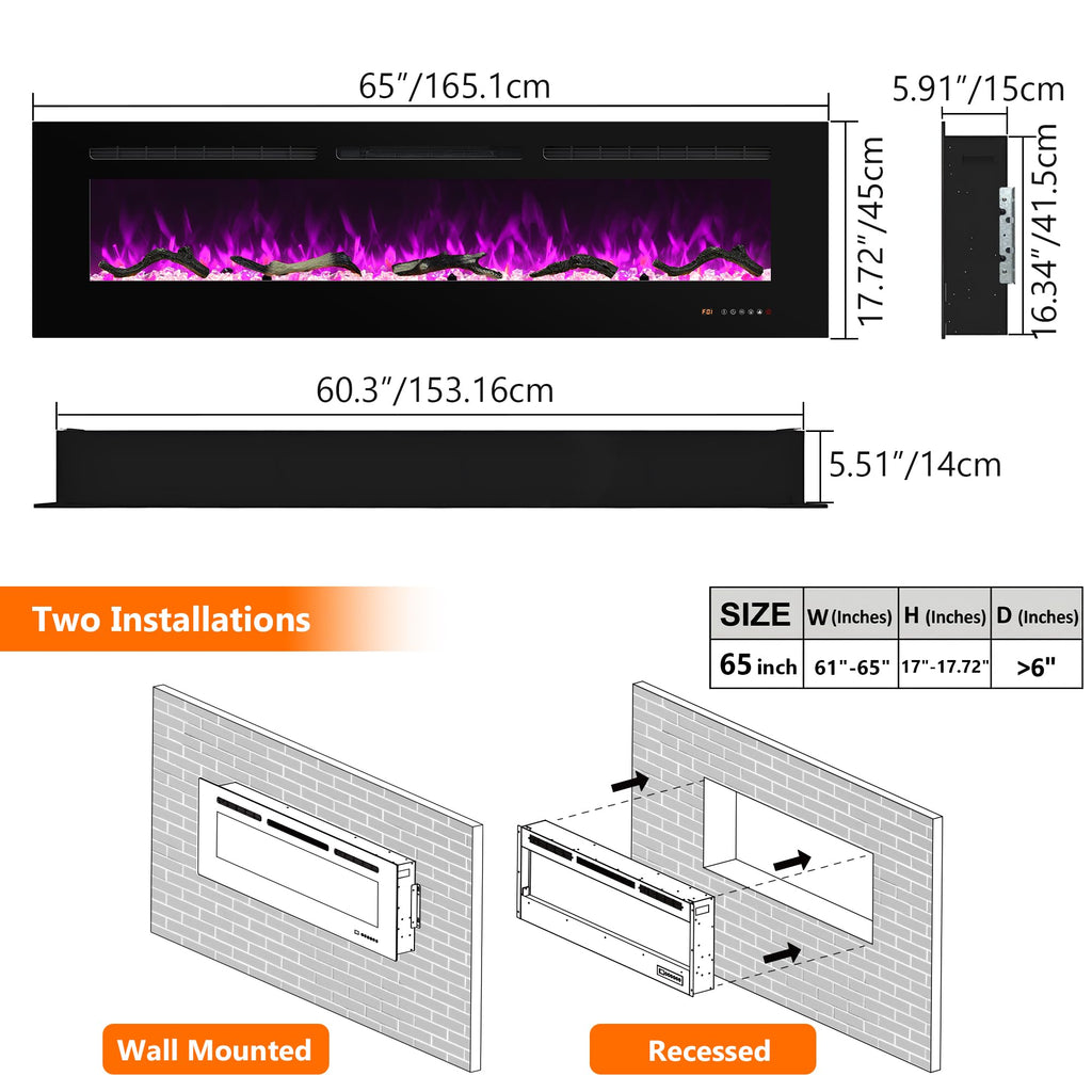 Electric Fireplace 30 inch Wide, Wall Mounted Fireplace Inserts Electric Heater, 13 * 13 Flame Effects Like Real Flame, Low Noise, Timer & Thermostat Setting, 750W/1500W, Black