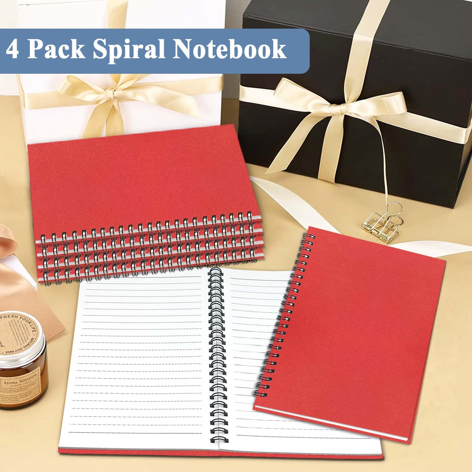 4Pack Small Spiral Notebook A5, 8.25x5.5” 120 Lined Pages Black & Red Wide Ruled Spiral Journal Bulk Blank Kraft Cover Spiral Bound Notebook & Writing Pads for Home Office Meeting Work Note Taking