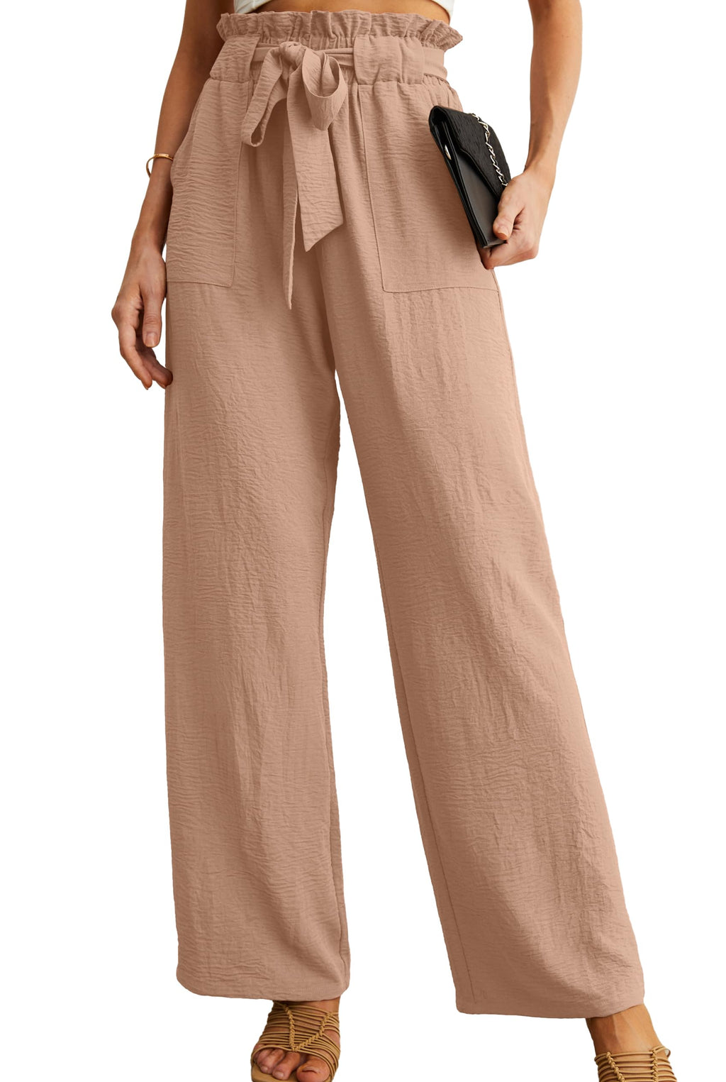 IWOLLENCE Women High Waist Palazzo Pants, Adjustable Knot Ankle Wide Leg Trousers Pockets Beach Vacation Lounge Office