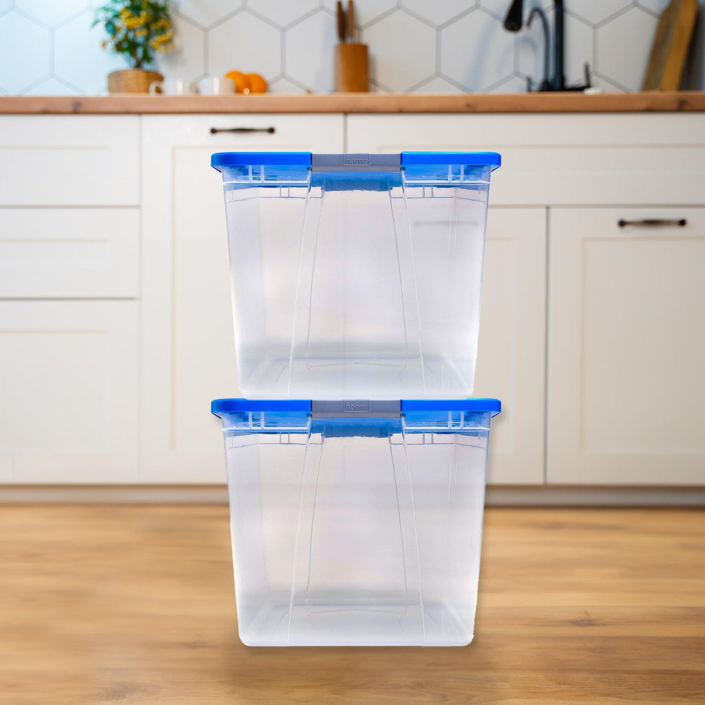 HOMZ 4-Pack Secure Latch, Clear Plastic Storage Organizer Bins, 15 Quart, Gray Lid - Stackable Container Boxes for Bedroom, Bathroom, Garage, and Office Organization