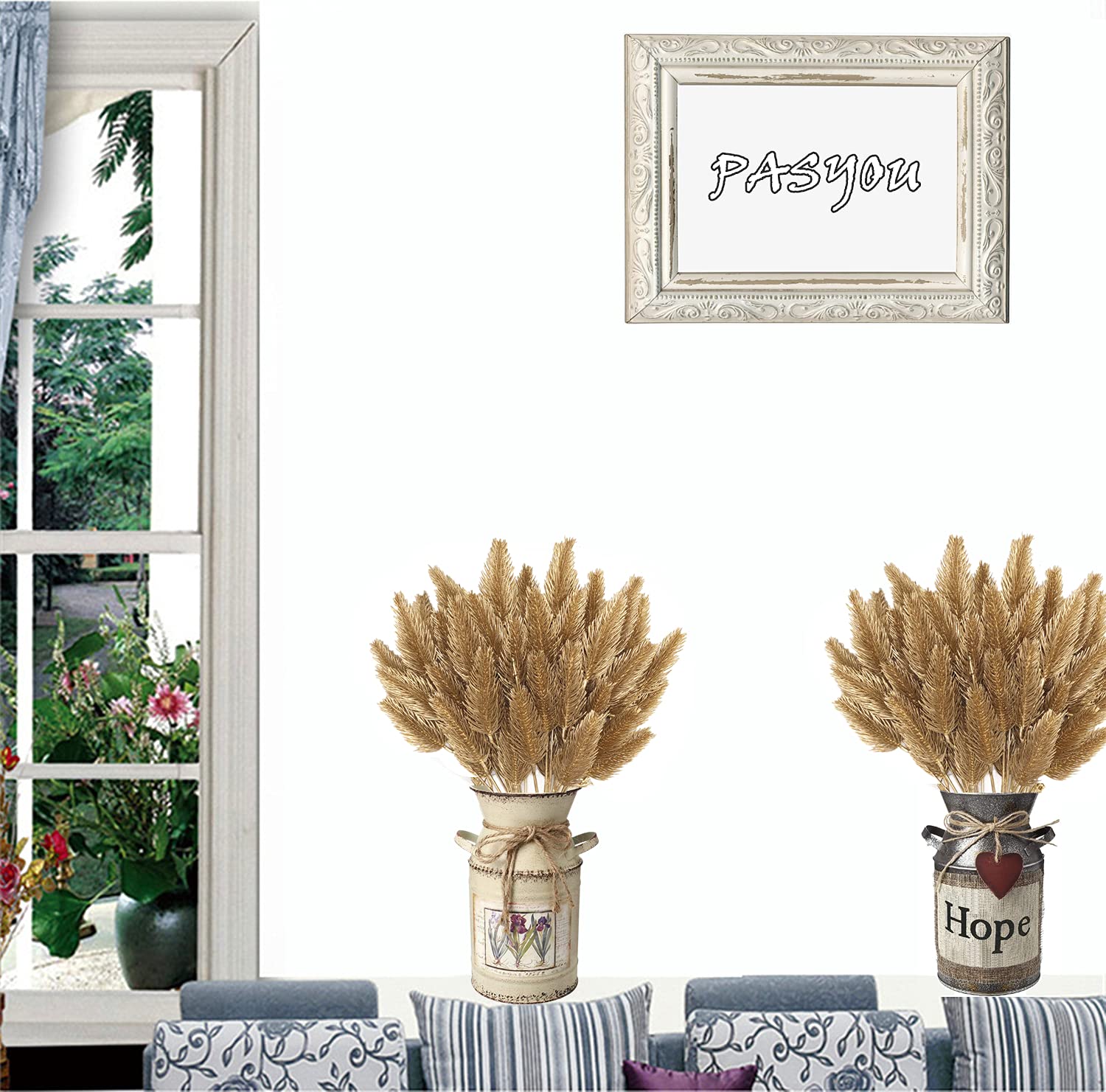 Christmas Decor Artificial Plants, PASYOU Gold Fake Antlers Plastic Grass Shrubs Leaves Indoor Outdoor Home Garden Party Hotel Verandah Wedding Event Faux DIY Decoration - 30 Inch Golden 2 Bunches