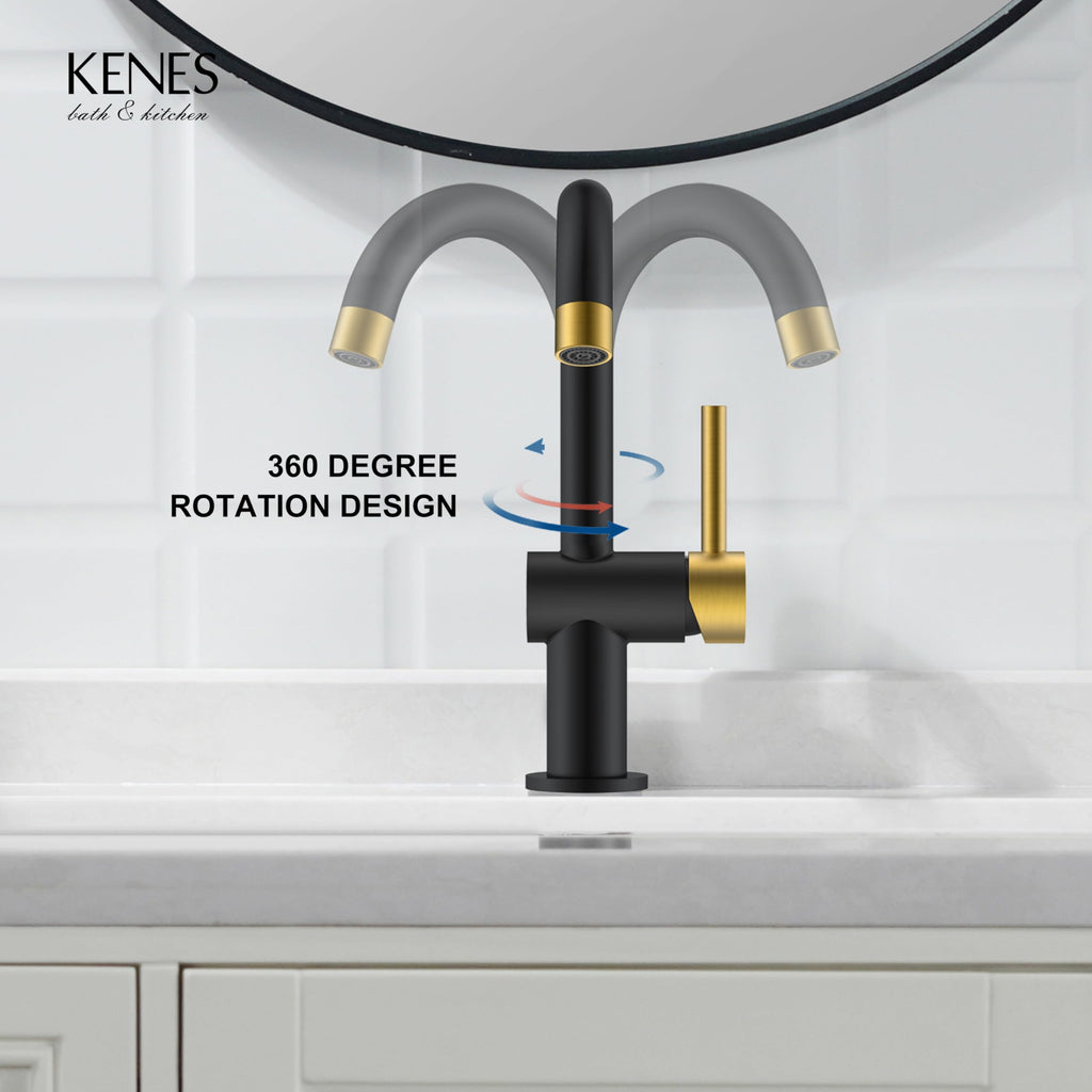 KENES Black and Gold Single Handle Bathroom Sink Faucet, Modern Prep Wet Bar Sink Faucet with Drain Assembly & Deck Plate, Vanity Faucets for Farmhouse RV Camper Utility, KE-9005B-BG