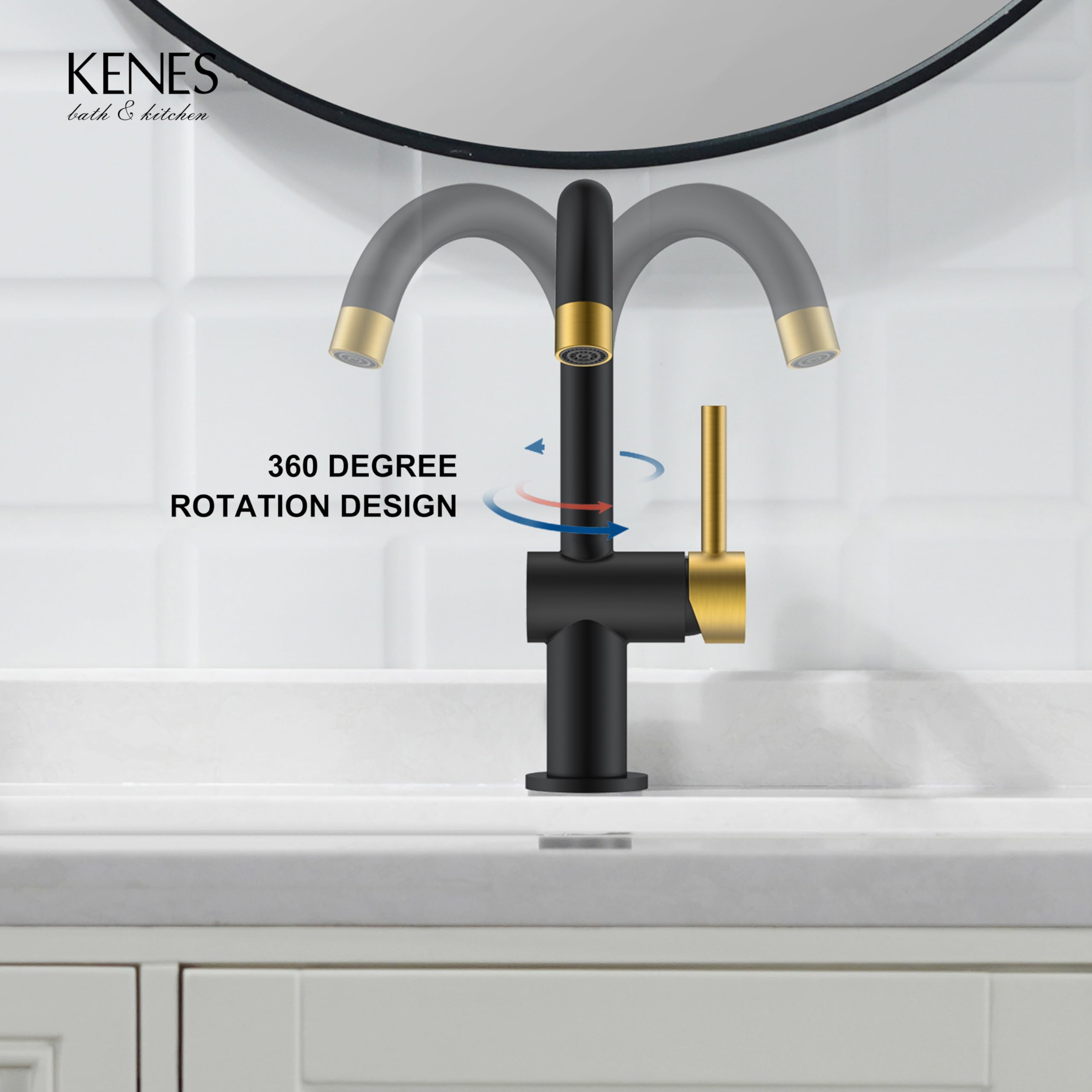 KENES Black and Gold Single Handle Bathroom Sink Faucet, Modern Prep Wet Bar Sink Faucet with Drain Assembly & Deck Plate, Vanity Faucets for Farmhouse RV Camper Utility, KE-9005B-BG