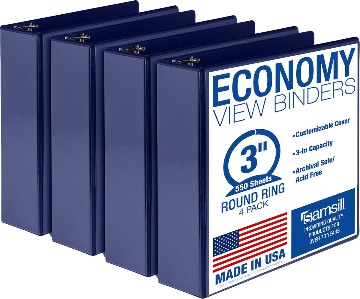 Samsill 1 Inch 3 Ring Binders, Economy Round Ring, Clear View Cover, 200 Sheet Capacity - for School, Home, Office - Blue, 4 Pack