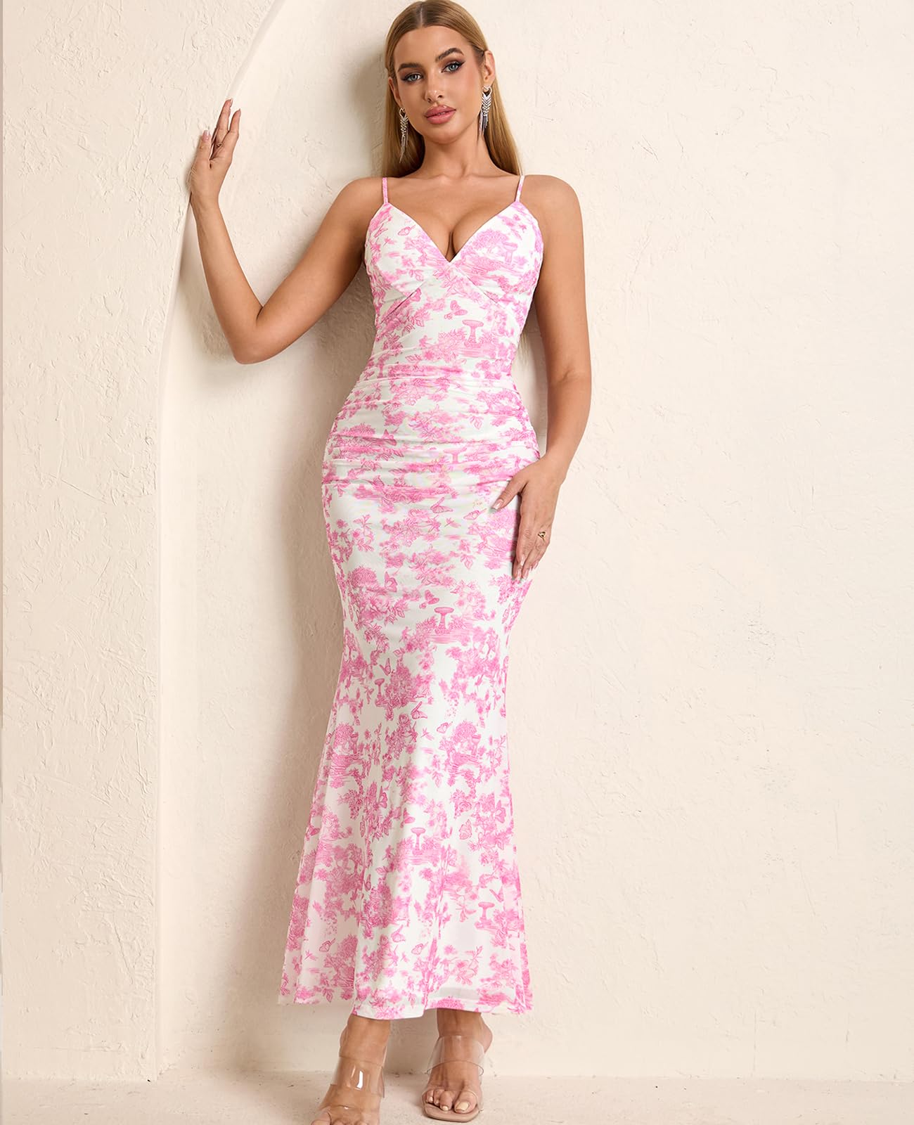 GLNEGE Women's Floral Wedding Guest Formal Maxi Dress Bodycon Spaghetti Strap V Neck Elegant Cocatail Dresses