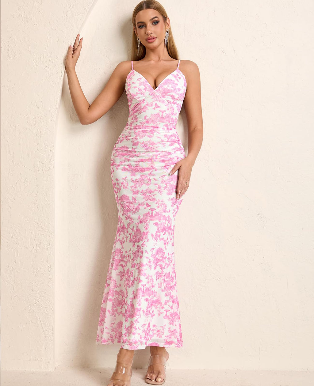 GLNEGE Women's Floral Wedding Guest Formal Maxi Dress Bodycon Spaghetti Strap V Neck Elegant Cocatail Dresses