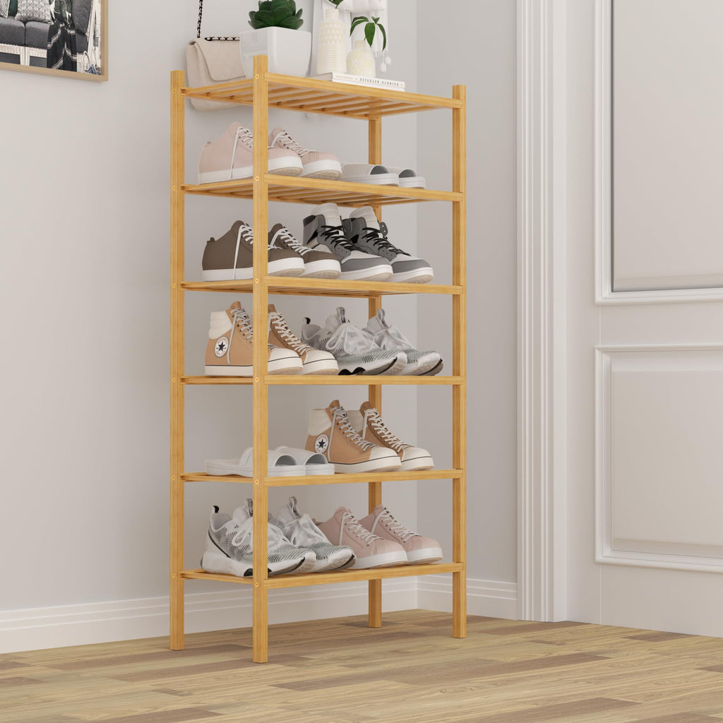 ROMGUAR CRAFT 2-Tier Bamboo Long Shoe Rack, Free Standing Wood Shoe Shelf Storage Organizer for Closet Entryway Stackable 35"x11"x13" (Black)