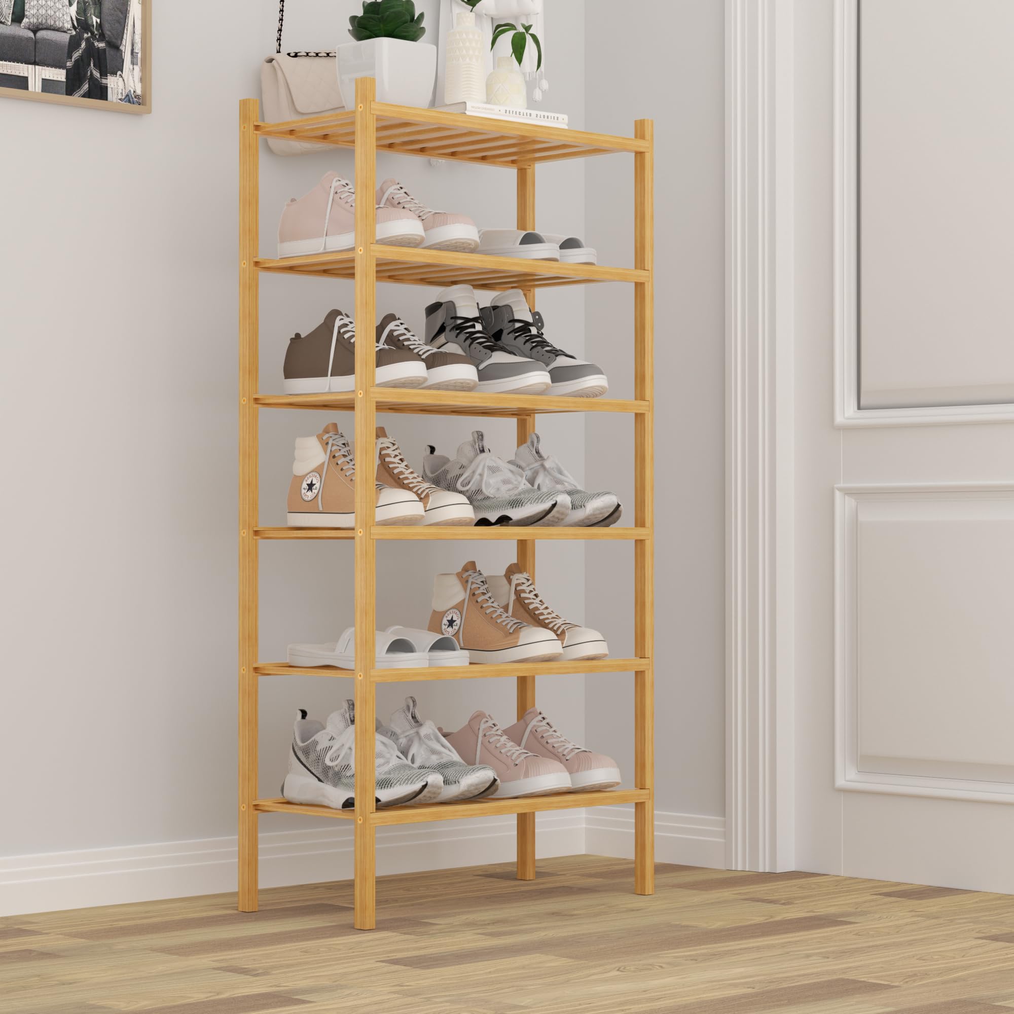 ROMGUAR CRAFT 2-Tier Bamboo Long Shoe Rack, Free Standing Wood Shoe Shelf Storage Organizer for Closet Entryway Stackable 35"x11"x13" (Black)