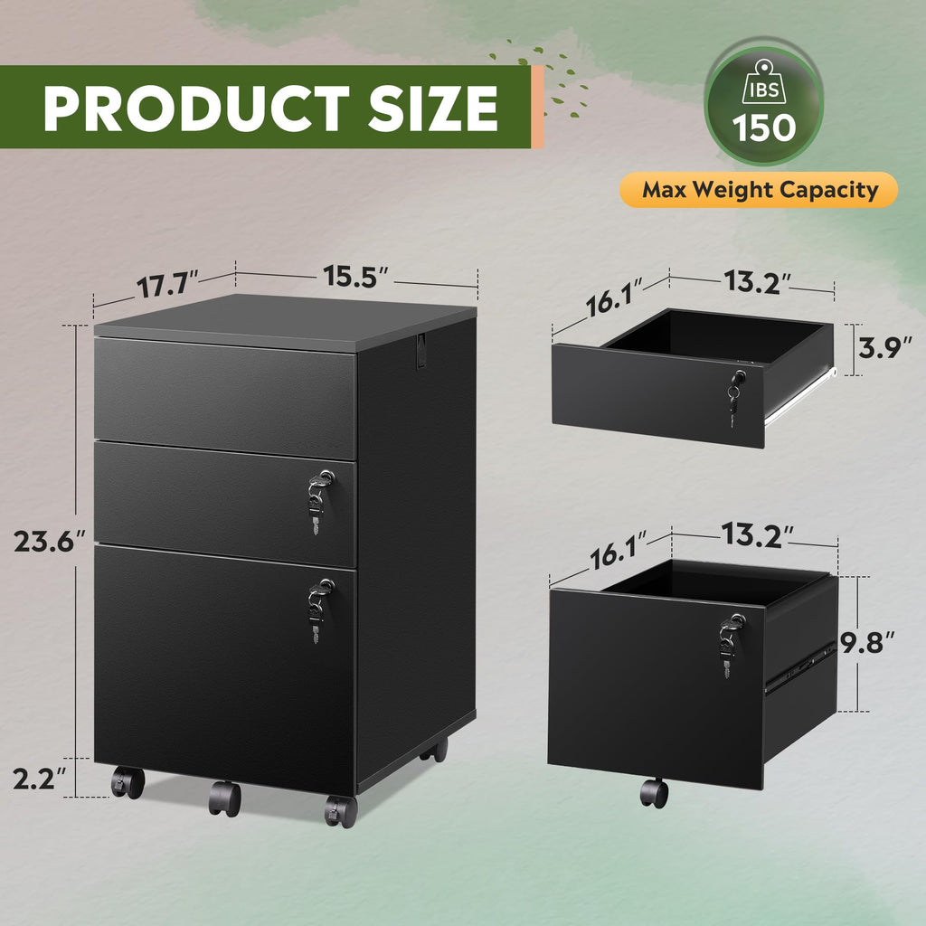 DEVAISE 3 Drawer File Cabinet with Lock, Small Rolling Filing Cabinet Under Desk, Wood Office Drawers Fits Letter/Legal/A4 Size Folders, Black