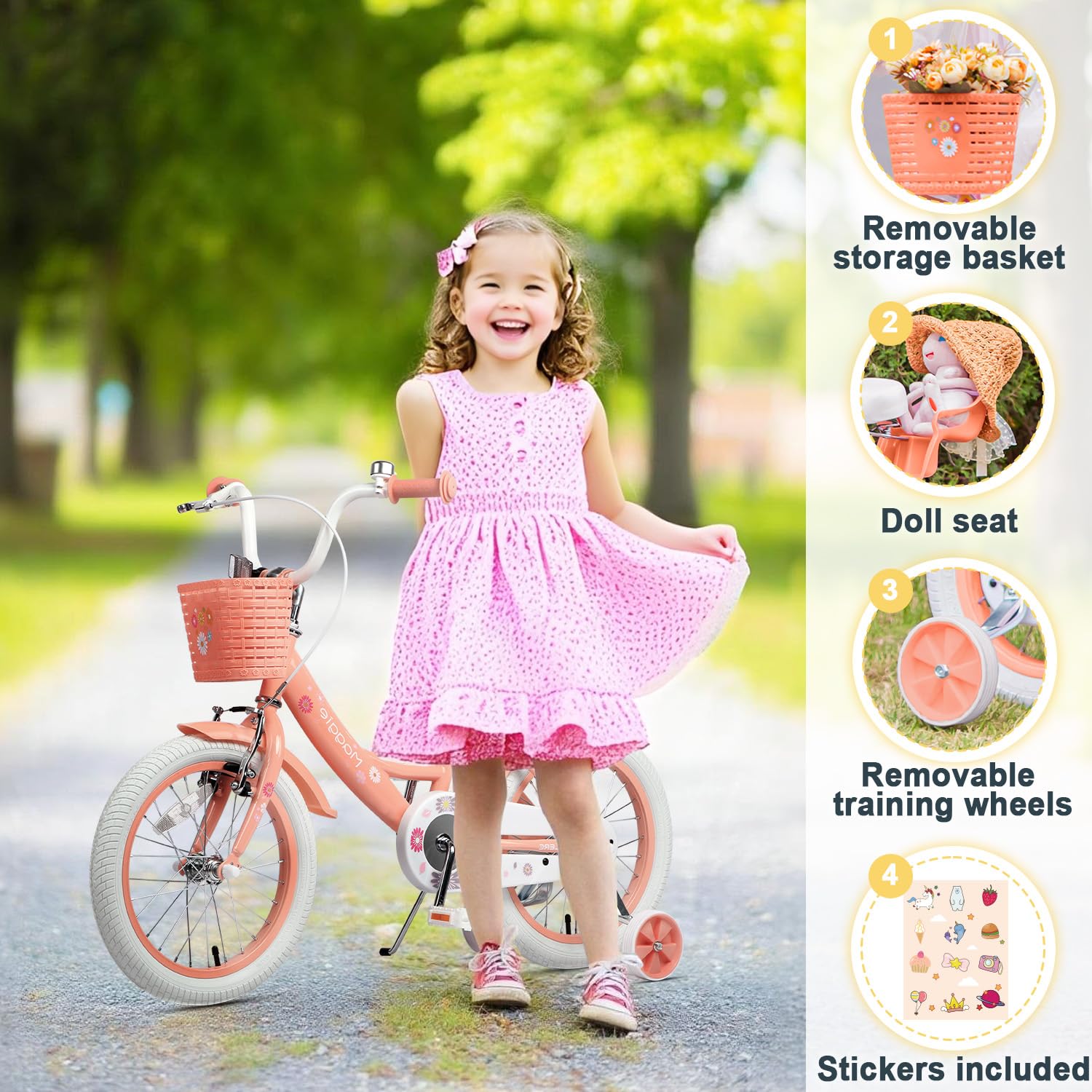 Glerc Maggie Girls Bike, 12-20 Inch Kids Bike for 2-13 Years Old Children, Princess Style Kids Bicycle with Doll-Seat & Basket & Training Wheels, Multiple Colors