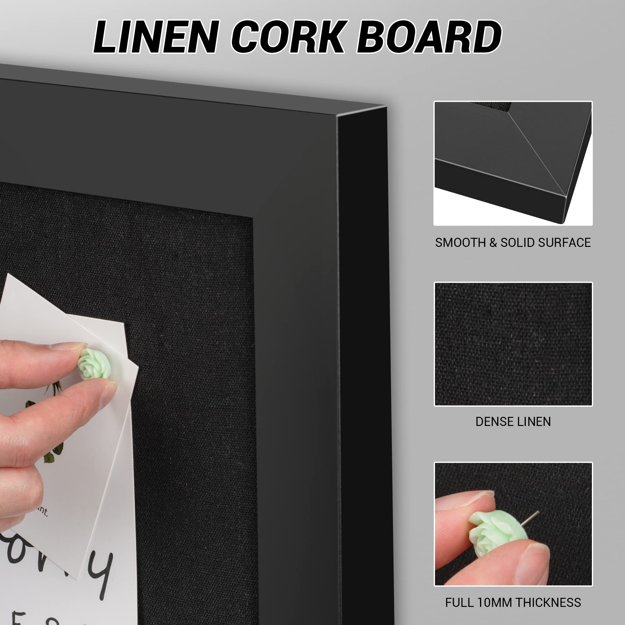 Black Cork Board Bulletin Board with Linen, Wood Framed 30" x 20" Corkboard, Office Board for Wall Decor, Wall Mounted Pin Board Picture Board with 20 Pushpins for School, Home & Office