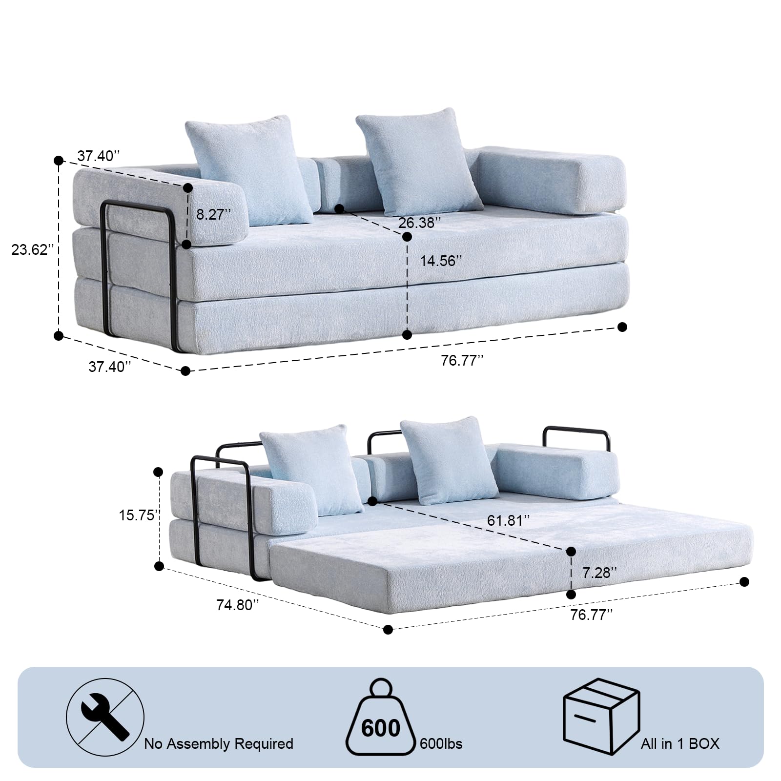ZEIINPA 59“ Convertible Floor Sofa Bed, 5-in-1 Futon Sofa Bed Pull Out Sleeper Couch, Modern Corduroy Compressed Loveseat, Modular Boneless Couches for Living Room, No Assembly Required, Beige