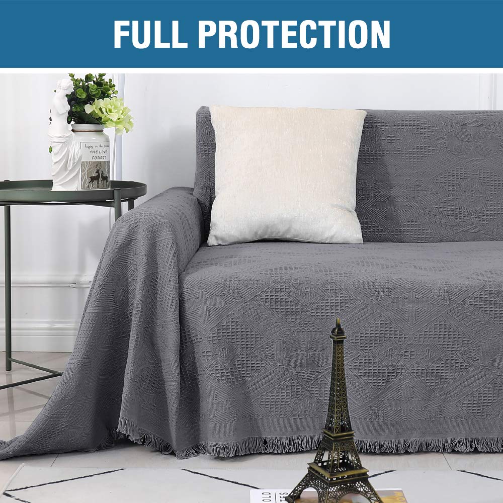 H.VERSAILTEX Cotton Sofa Covers Couch Cover Sofa Slipcover for Most Shape Sofas, Feature Thick Woven Jacquard Seamless with Tassels, Multi-Use Decorative for Couch (Medium: 71" x 91", Green)