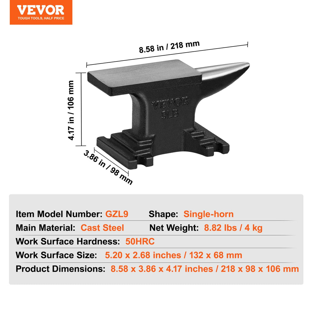 VEVOR Single Horn Anvil, 9 Lbs Cast Steel Anvil, High Hardness Rugged Round Horn Anvil Blacksmith, Compact Design and Stable Base, Forge Tools and Equipment, Metalsmith Tool for Bending and Shaping