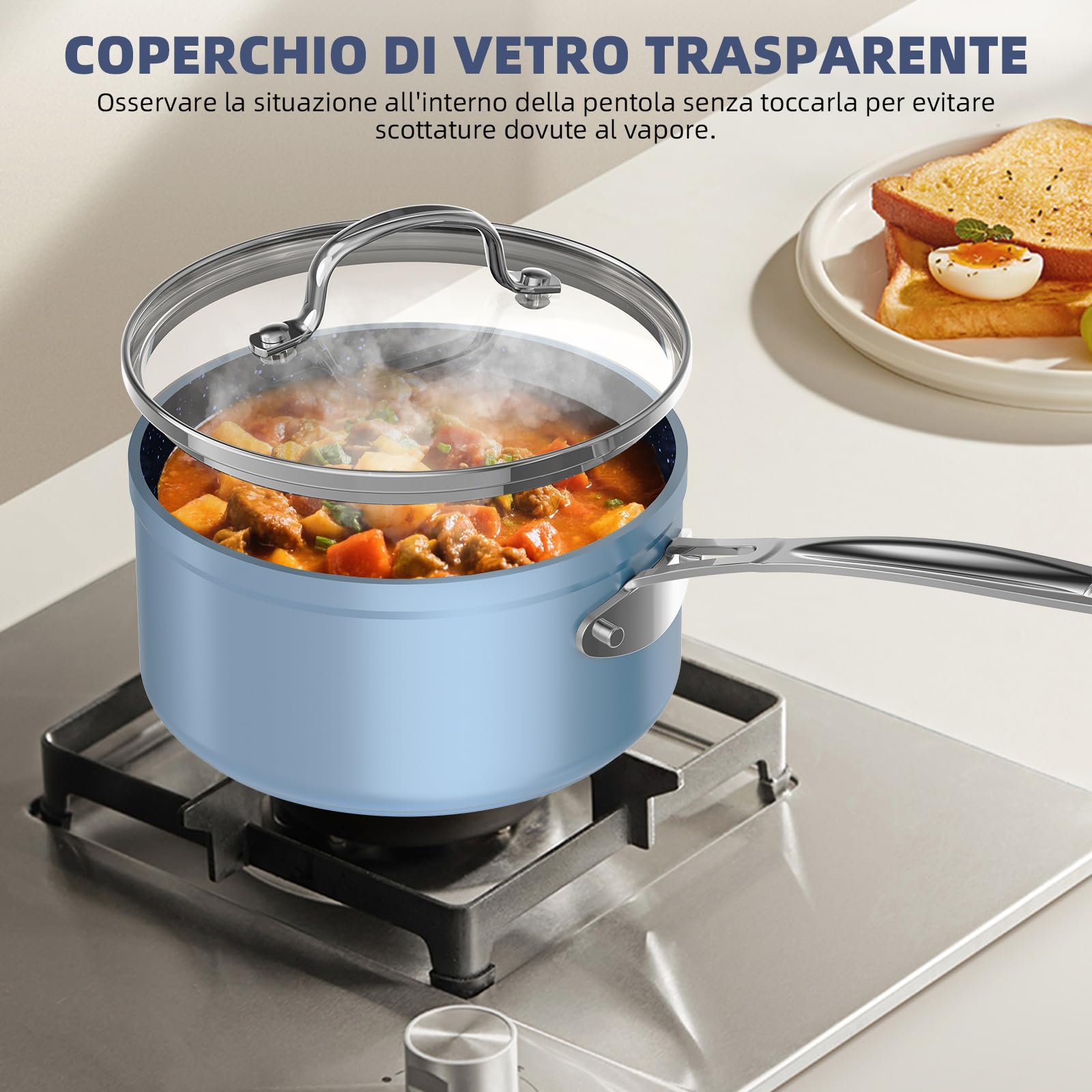 Nuwave Healthy Duralon Blue Ceramic Nonstick Cookware Set, Diamond Infused Scratch-Resistant, PFAS Free, Dishwasher & Oven Safe, Induction Ready & Evenly Heats, Tempered Glass Lids & Stay-Cool Handles