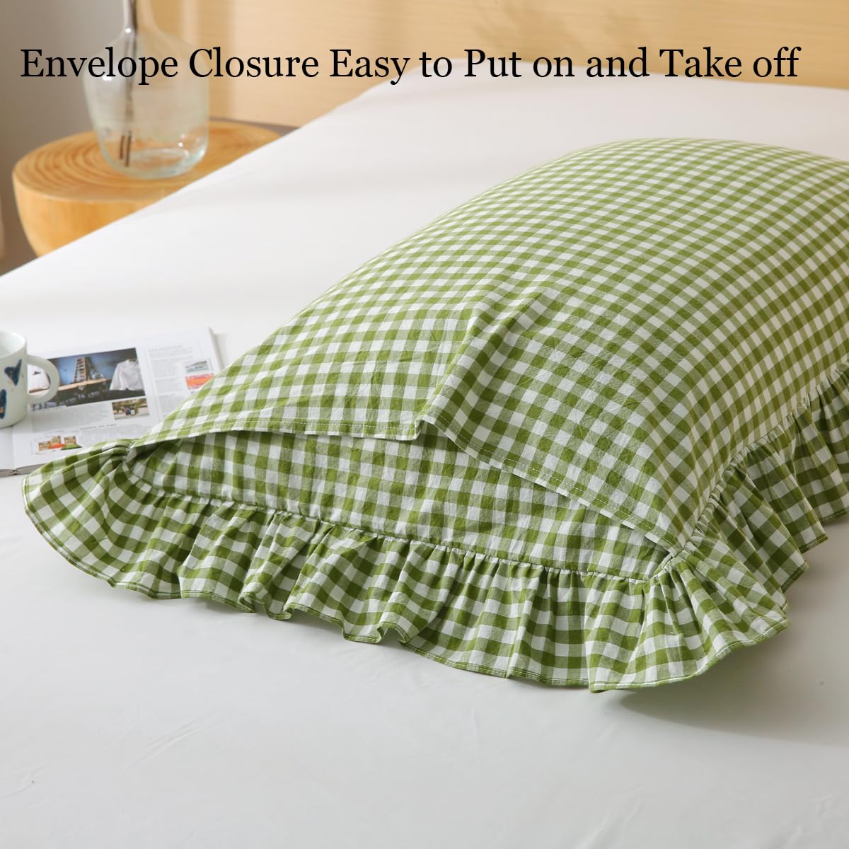 Silnuo Green/White Plaid Ruffled Queen Size Pillow Shams Set of 2,Washed Cotton Shabby Checkered Gingham Farmhouse Bed Pillow Covers 20"x30"