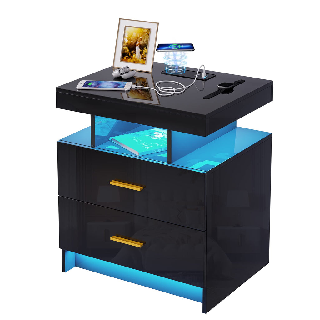 HNEBC LED Nightstand with Charging Station,Smart Bedside Table with Motion Sensor Lights,3 Drawers,Tempered Glass Top,High Gloss End Table with 3 Color Lights for Bedroom, Living Room,Office-Black