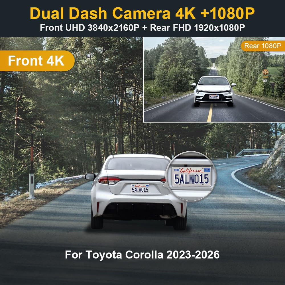 Fitcamx Front 2K+Rear 1080P Dash Cam Adapts for Toyota Corolla 2023-2026 Sedan Hybrid Hatchback, OEM Style, Dual HD Video, Built-in WiFi & APP, Loop Recording, G-Sensor, Easy to Set, 64GB Card