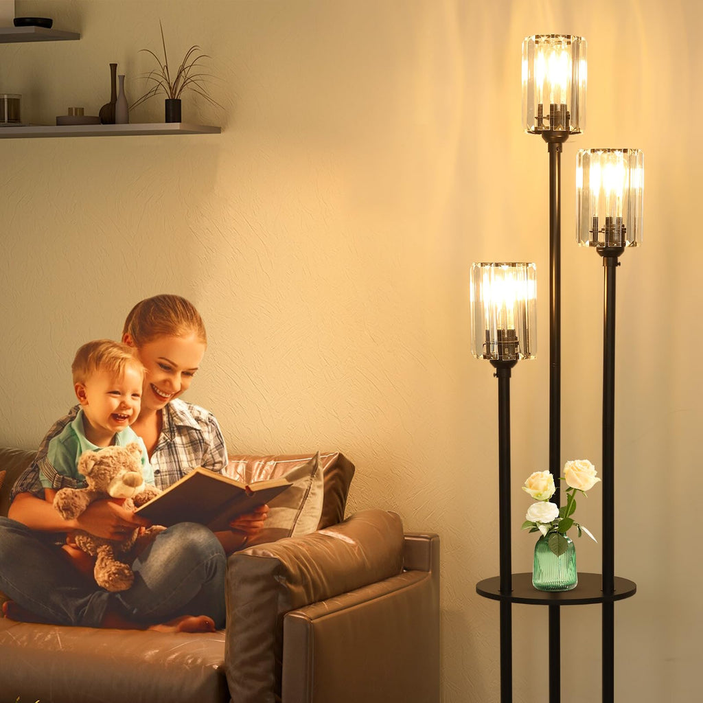 HMVPL Gold Floor Lamps for Living Room, Modern Floor Lamp with Shelves, Crystal Standing Lamps with Table, Brass Tall Lamp with Crystal Shade, On/Off Switch, Mid Century Corner Floor Lamp for Bedroom