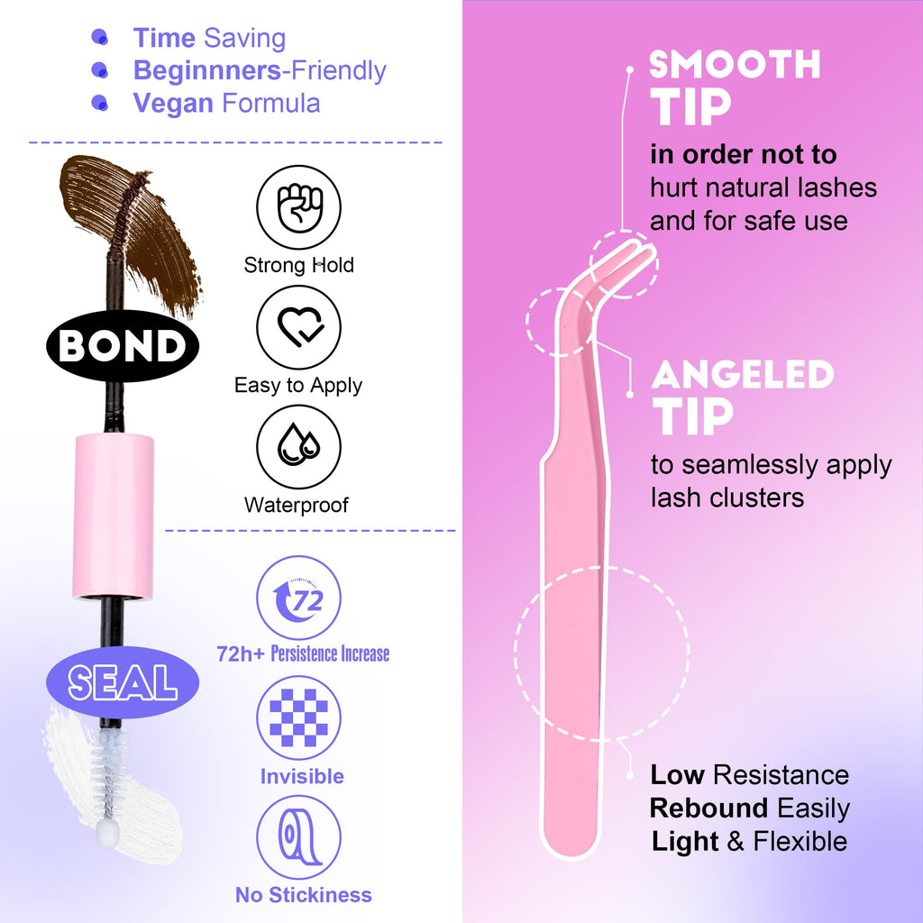 Pawotence Lash Extension Kit DIY 280pcs Individual Lash Clusters Kit 20D&30D Natural 9-15mm Cluster Eyelash Extensions Kit with Lash Bond and Seal, Tweezers for Self Use (20D&30D, 0.07D, 9-15mm, Kit)