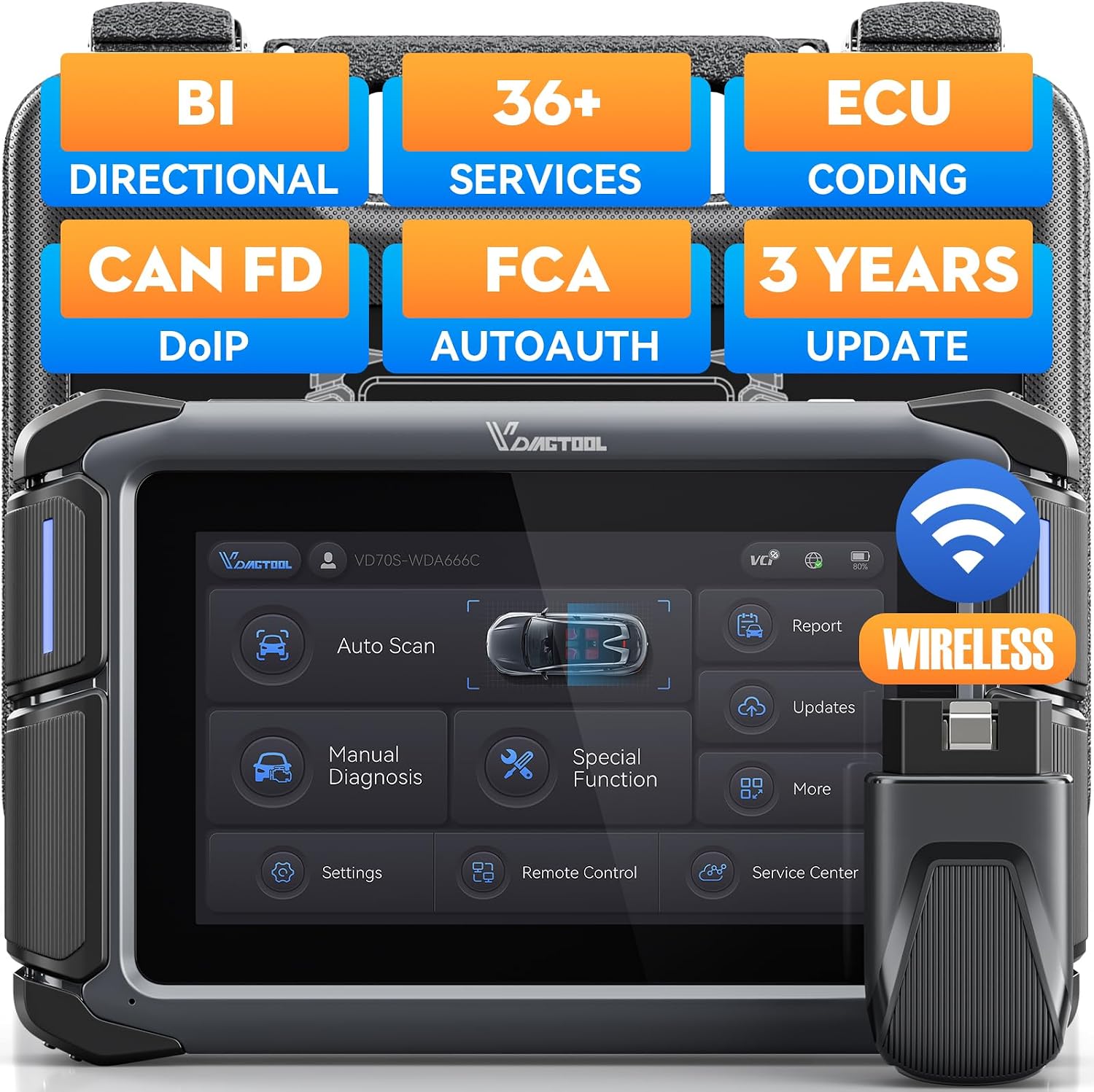 Bidirectional Scan Tool VDIAGTOOL VD70S, 2026 Wireless OBD2 Scanner Diagnostic Tool with 36+ Resets, All System Scanner for Car, FCA Autoauth, CAN FD & DoIP, ECU Coding, PMI, 3 Years Update