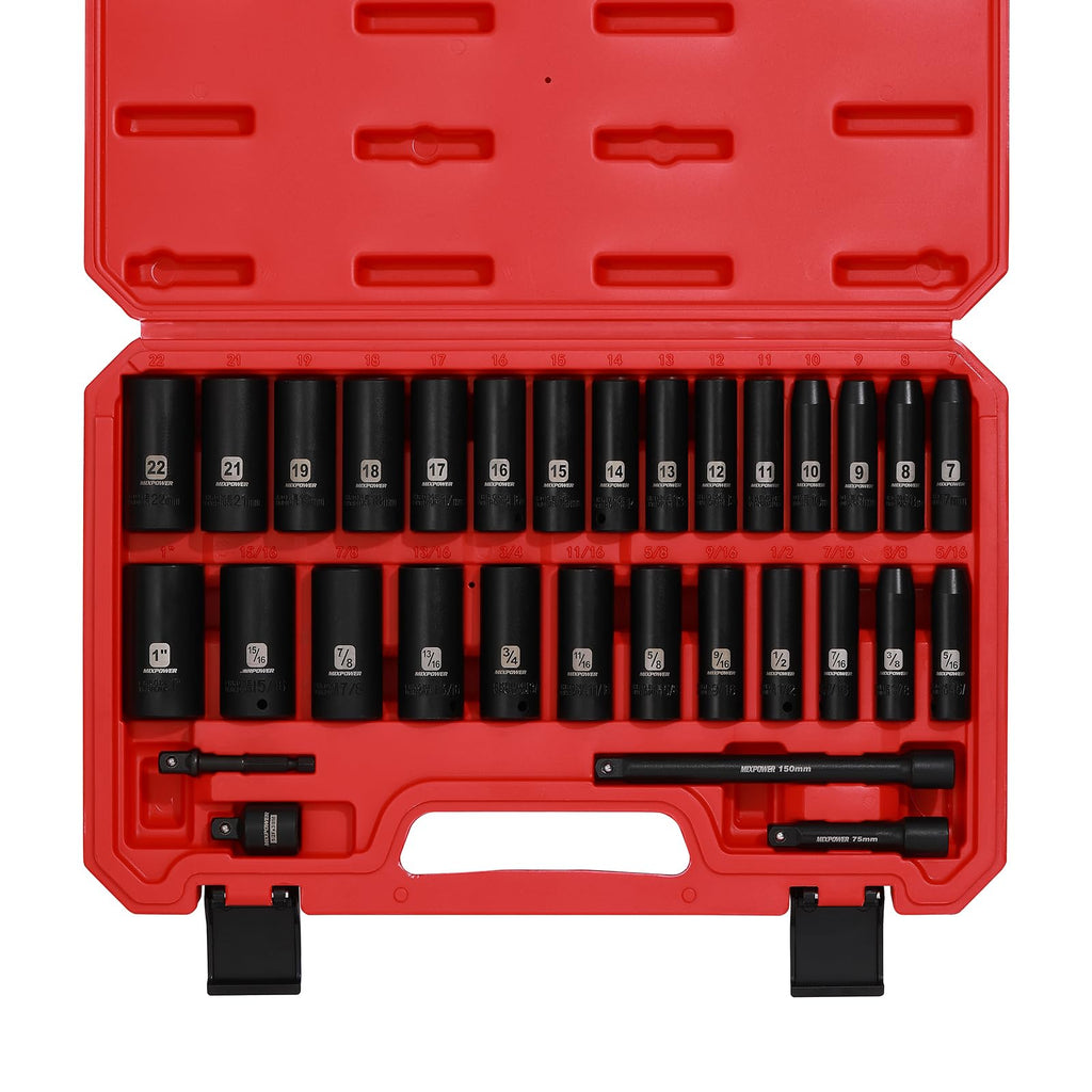 MIXPOWER 12 Pieces 3/8-Inch Drive Shallow Impact Socket Set, 5/16 to 1 inch, CR-V, SAE, 6 Point, Shallow, 12 Pieces 3/8" Dr. Socket