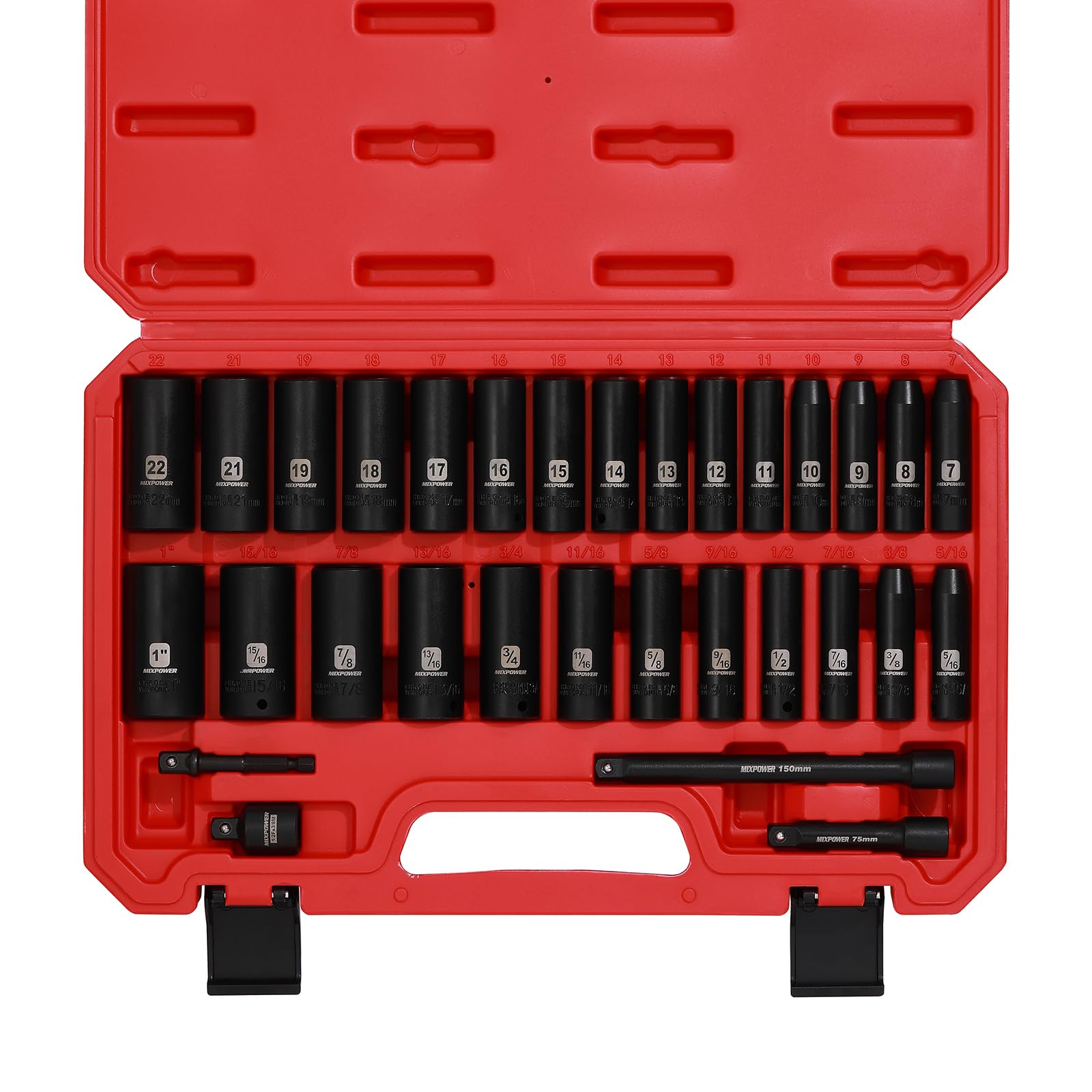 MIXPOWER 12 Pieces 3/8-Inch Drive Shallow Impact Socket Set, 5/16 to 1 inch, CR-V, SAE, 6 Point, Shallow, 12 Pieces 3/8" Dr. Socket