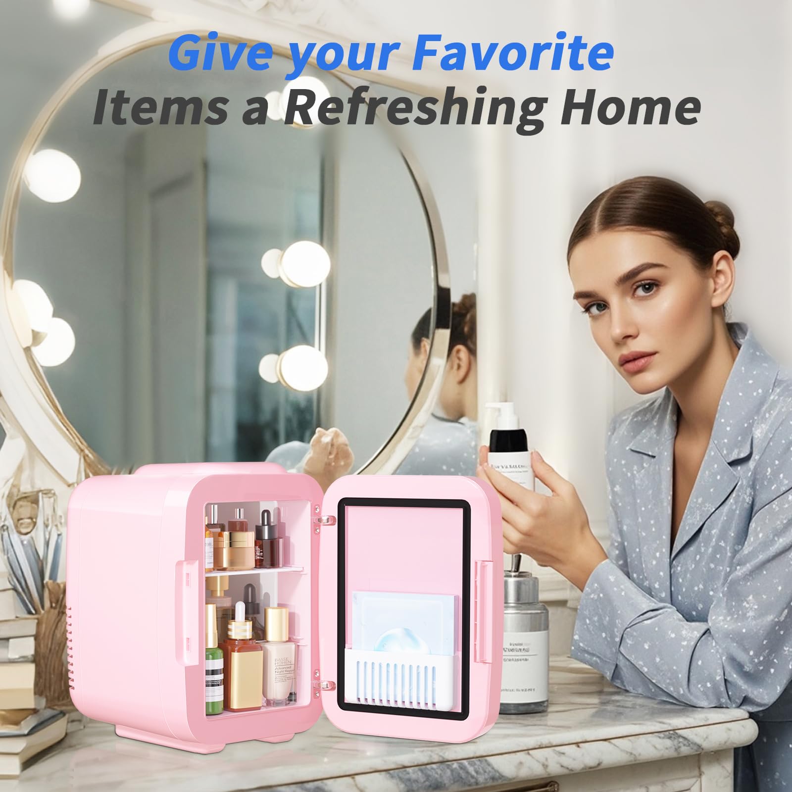 YASHE Mini Fridge, 4 Liter/6 Can Mini Makeup Fridge, 110V AC/ 12V DC Portable Thermoelectric Cooler&Warmer for Skincare, Drink, Cosmetic, Medicine, Small fridge for Bedroom, Office, Dorm, Car, Black