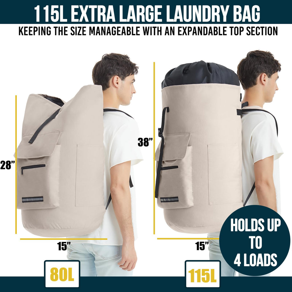 Laundry Bag Extra Large 115L, Laundry Backpack Bag, Laundry Bags Extra Large Heavy Duty, Laundry Bag with Straps, Clothes Hamper Bags with 4 Pockets, College Laundromat Backpack for Dorm Room