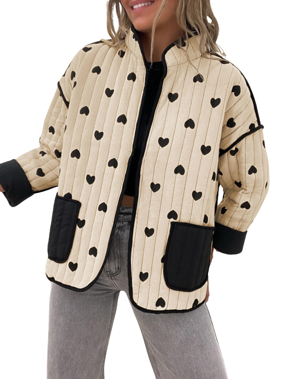Omoone Women's Cropped Quilted Jacket Floral Printed LightWeight Padded Puffer Cardigan Coat Outwear
