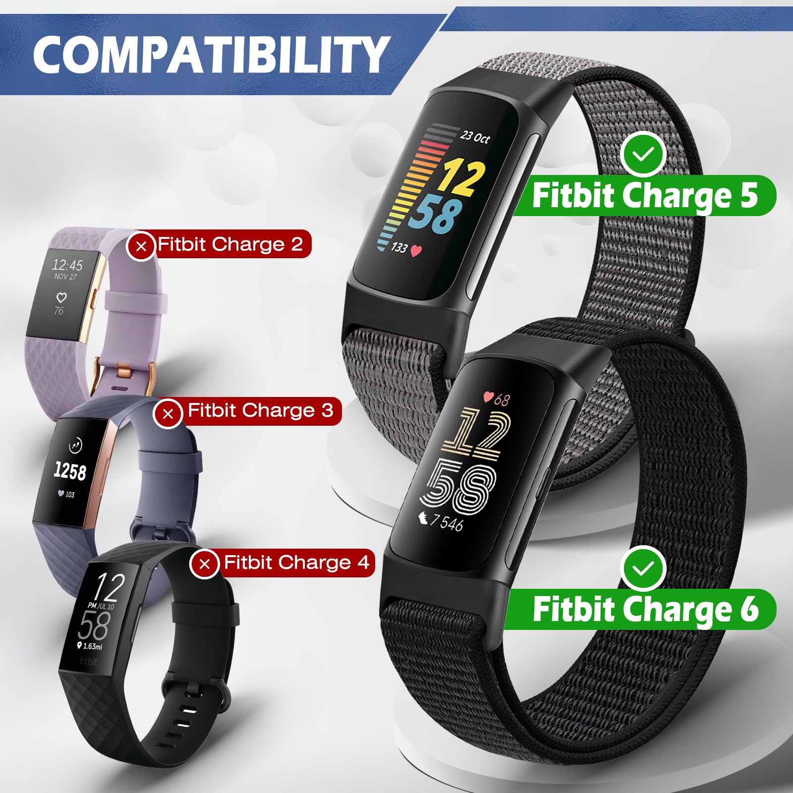 Sport Loop Nylon Watch Bands Compatible with Fitbit Charge 6/5, Adjustable Breathable Replacement Soft Nylon Loop Wristband for Women/Men